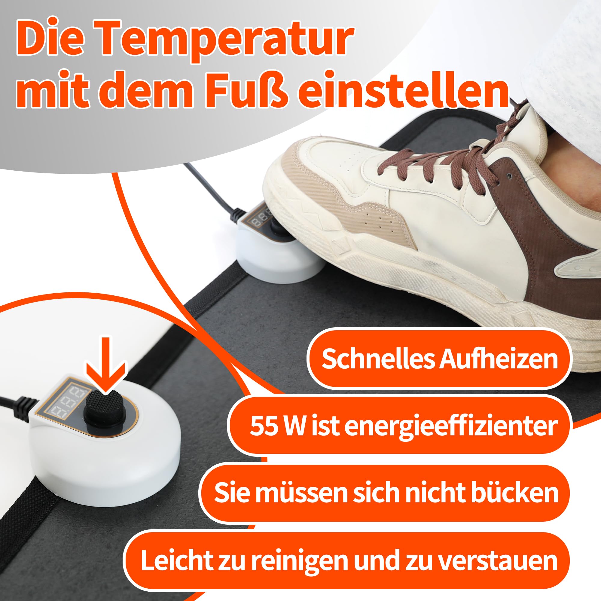 Elektro Fußwärmer 55W 230V mit 7 Temperaturstufen Fußschalter Auto Off wasserabweisend rutschfest für alle Böden(schwarz)