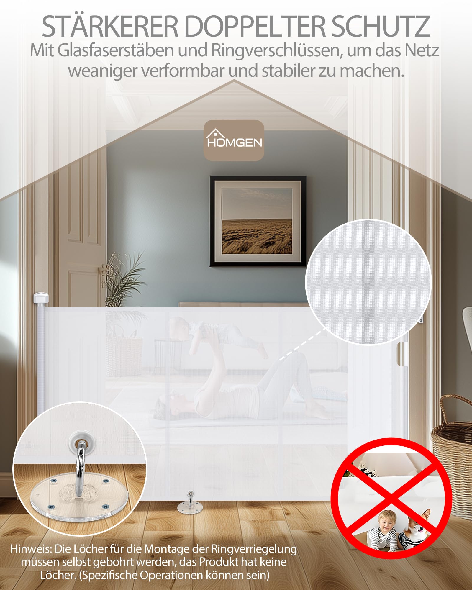 HOMGEN Treppenschutzgitter Türschutzgitter Kindergitter – Ausziehbar 0-300CM, Schutzgitter für Hunde Kinder, Einhandbedienung, Verstellbare Breite, Glasfaserverstärkt, Für Treppen, Türen- Weiß