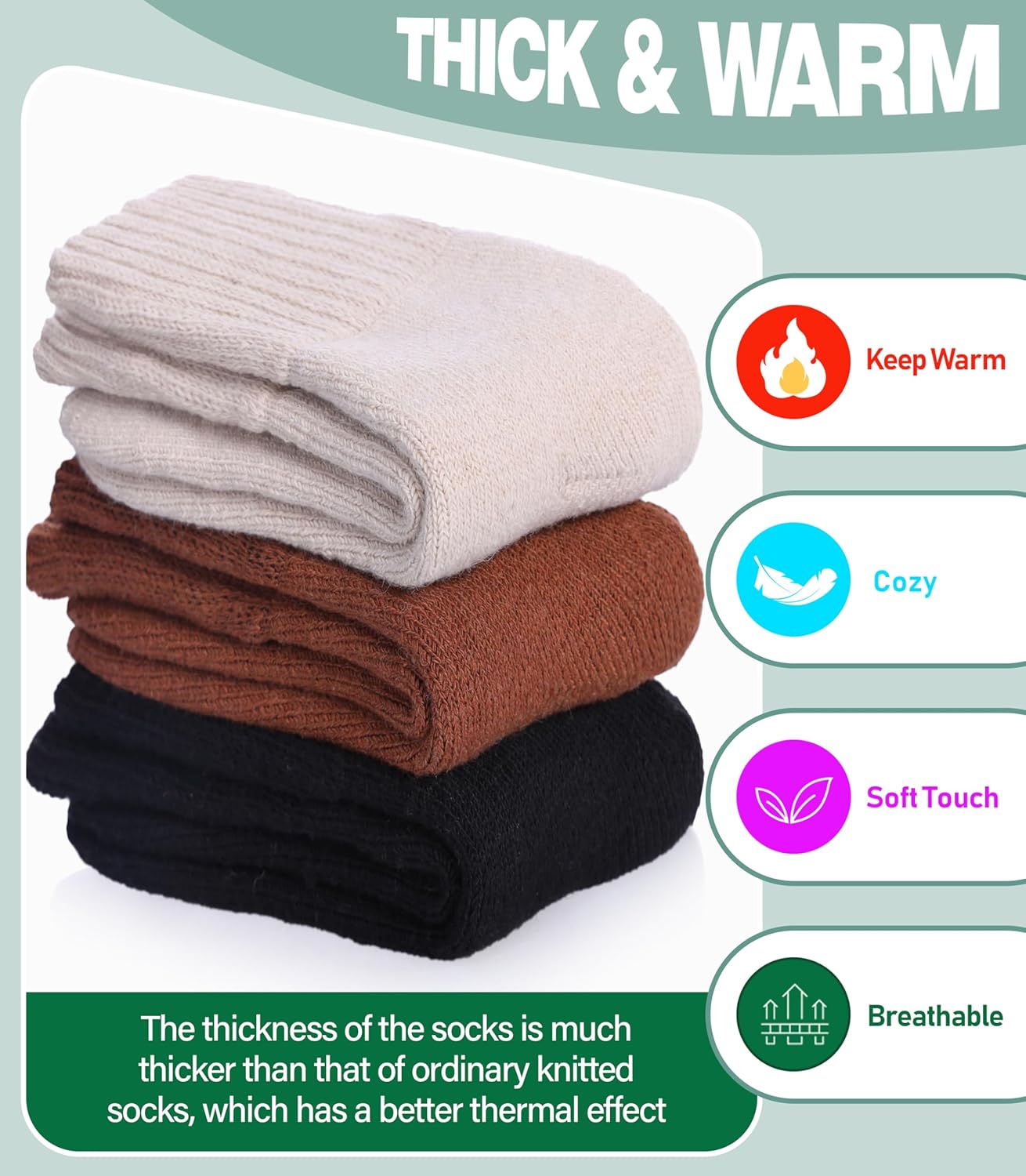 Boot Socks for Women Merino Wool Hiking Winter Warm Super Thick Thermal Cozy Knit Crew Socks - Image 6