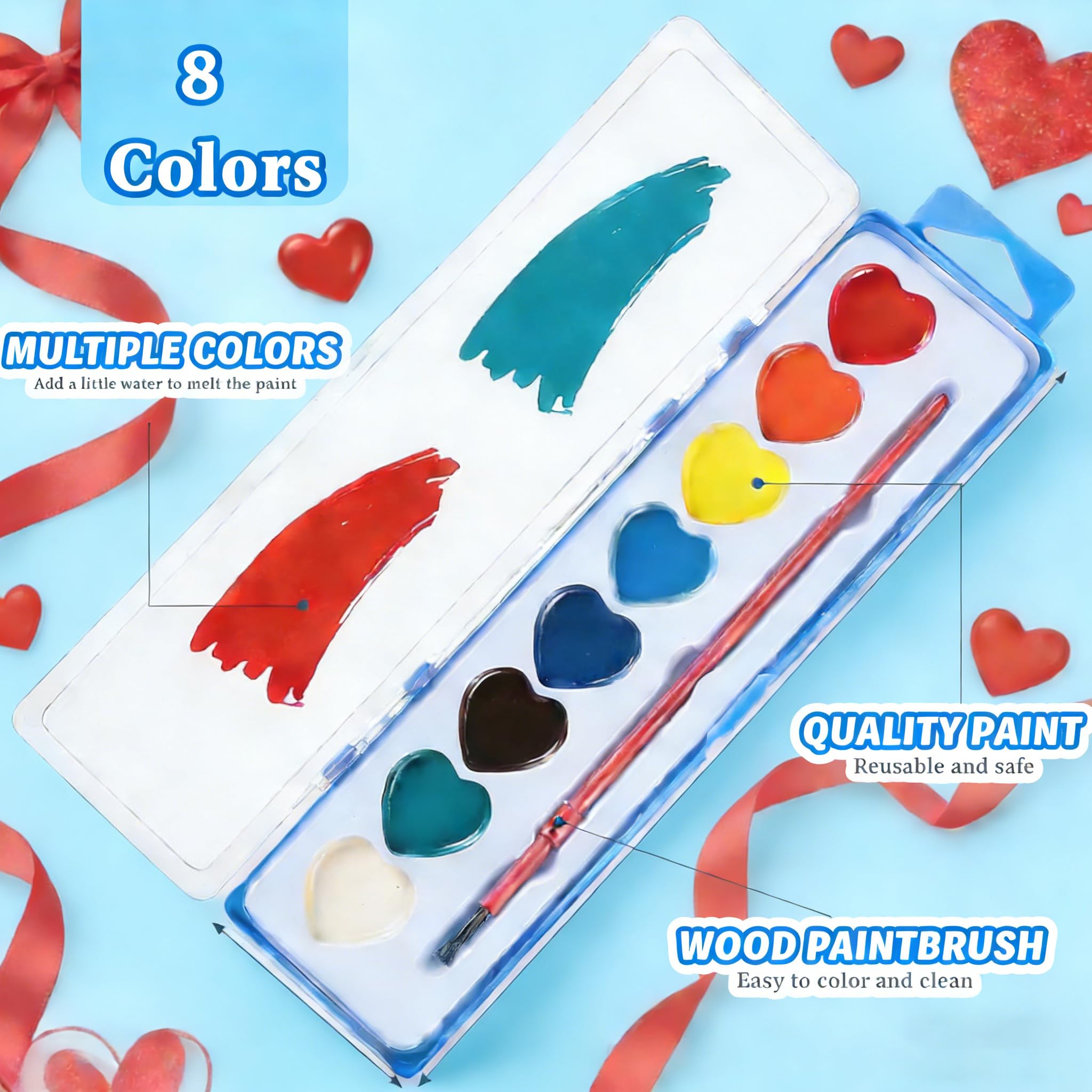 Heart Shaped Watercolor Paint Set -12 Pack Valentines Day Classroom Gifts Bulk, Party Favors for School Class Preschool (12pc,8 colors) — view 4