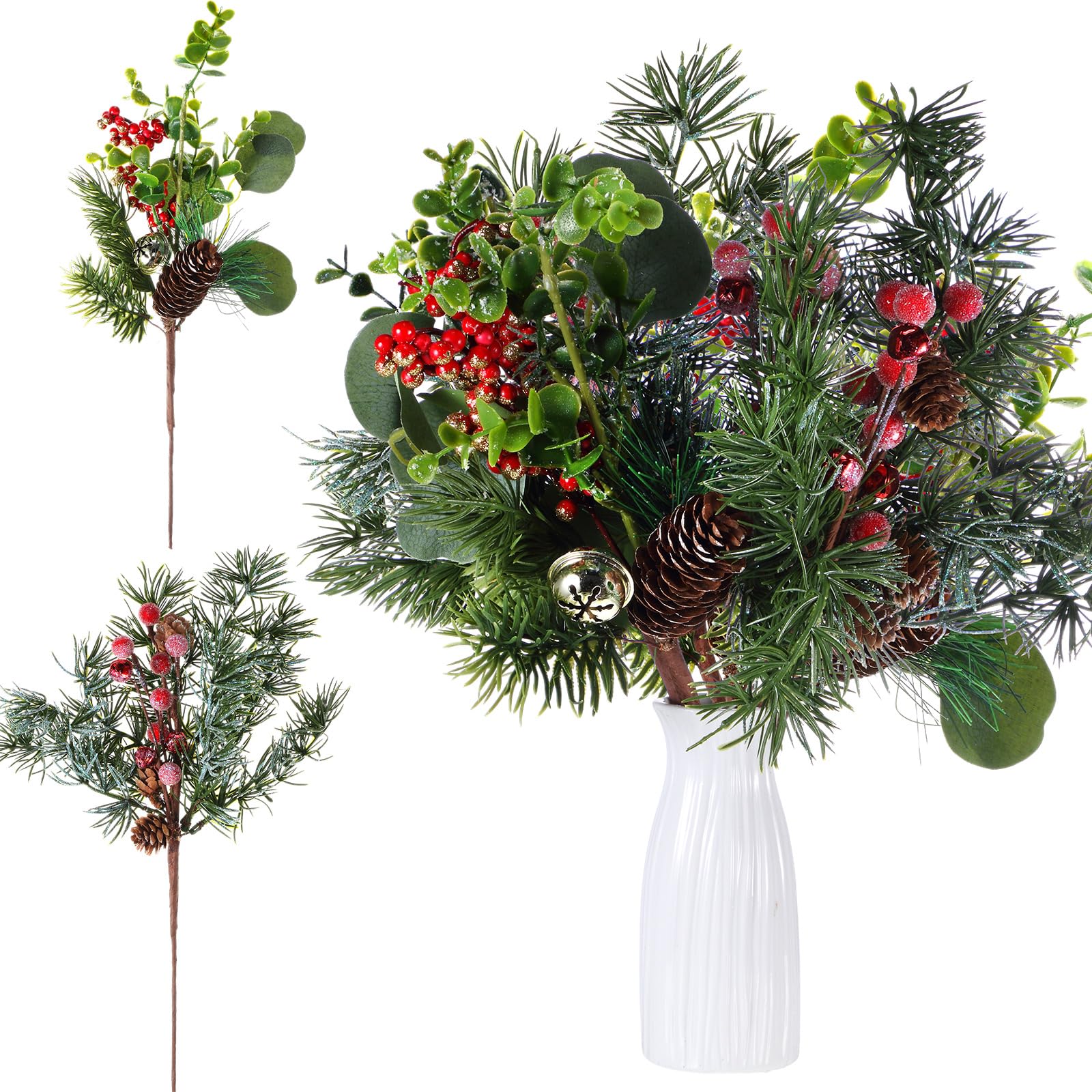 Syhood Lot de 12 pics de Noël artificiels de 30,5 cm avec branches de baies, houx, pommes de pin pour travaux manuels de Noël, décoration de vacances d'hiver