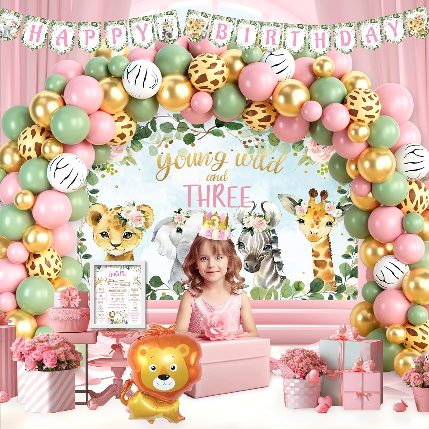 Young Wild and Three Decorations Girl, Jungle Safari Animal Theme 3rd Party Decorations Backdrop Balloons Banner Cake Cupcake Topper Poster Crown Lion Cheetah Giraffe Pink 117 PCs