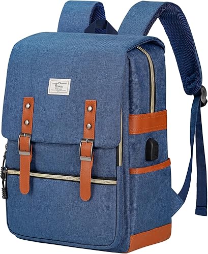 Ronyes Mochila vintage para laptop para mujeres y hombres, mochila casual de 15.6 pulgadas con puerto de carga USB para trabajo universitario,