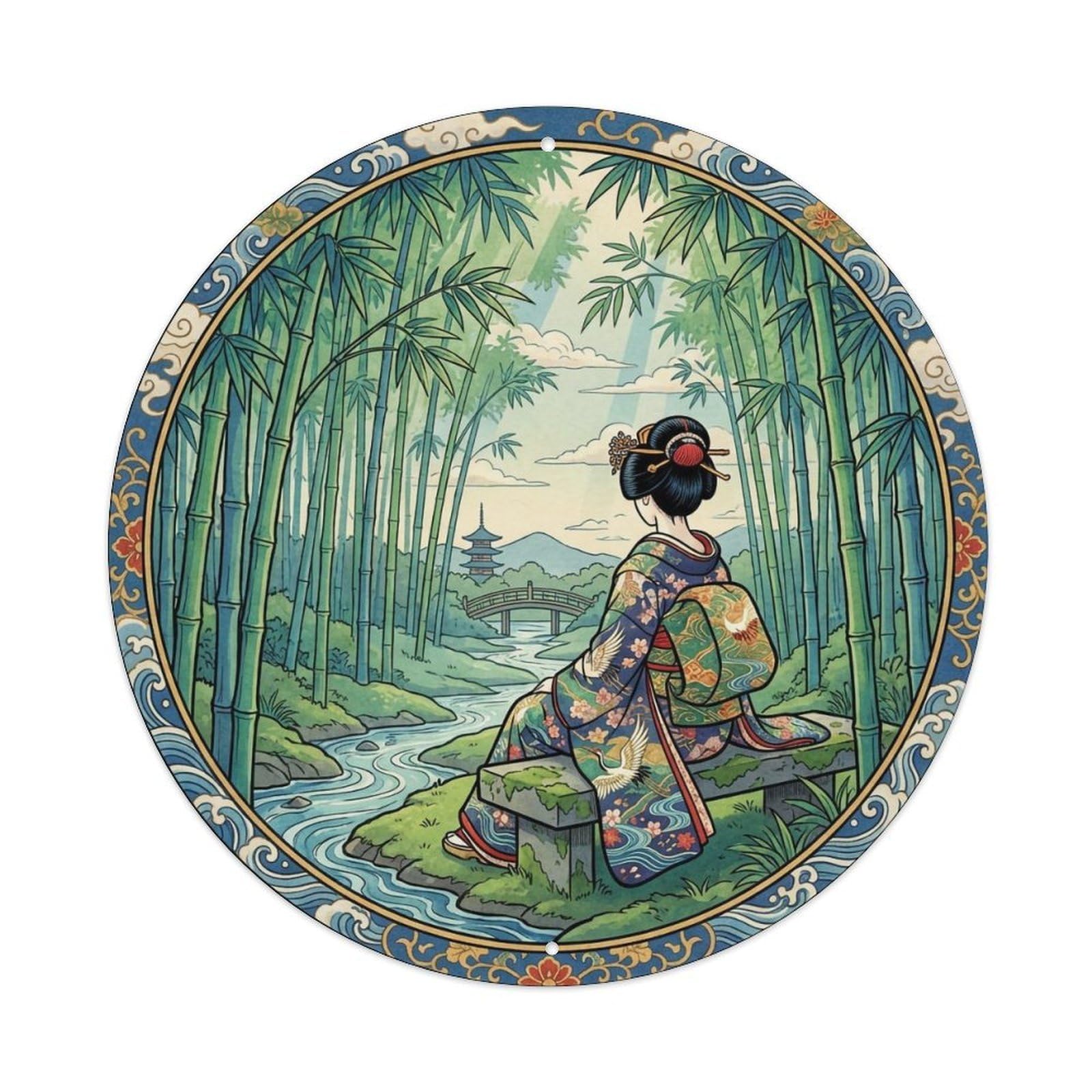 Japanese Bamboo Forest Geisha Cooling Scene Metal Tin Sign