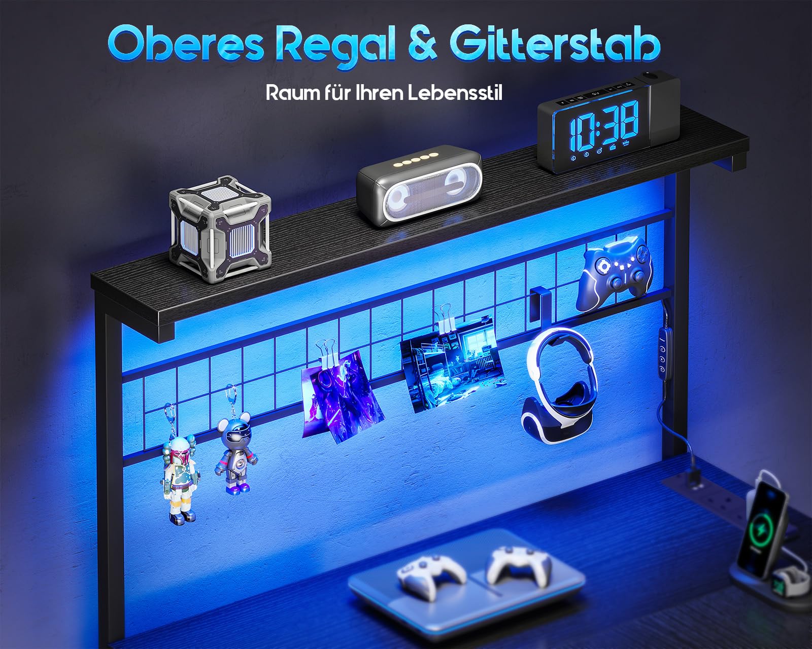Coleshome Gaming Tisch mit LED, 130 × 100 cm Reversibler Gaming Schreibtisch mit Schubladen & Steckdosen, Eckschreibtisch mit Ablagefach & Stauraum, Schwarz