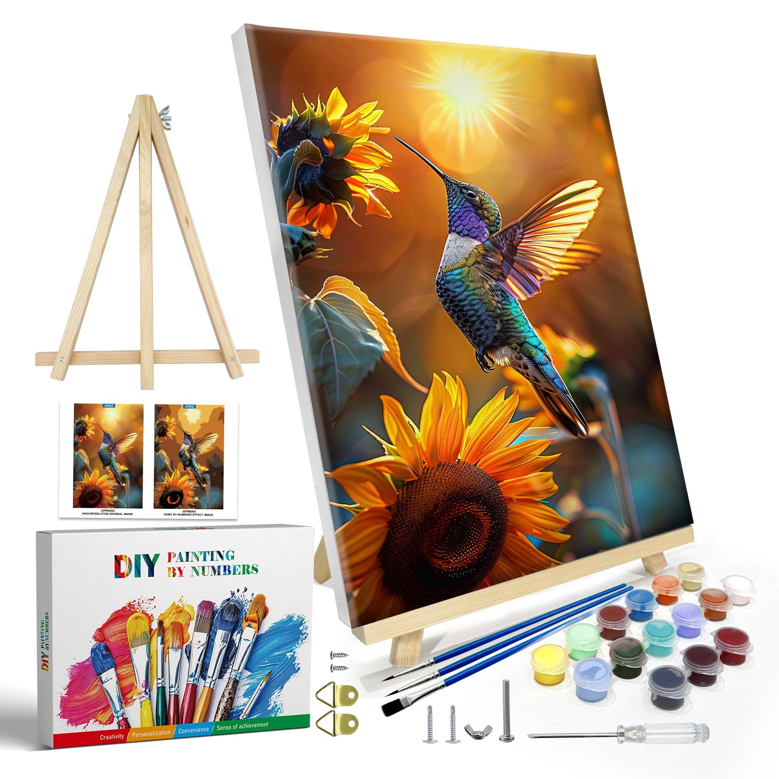 JOOZ Paint by Numbers Kit for Adults with Frame, Hummingbird Paint by Number with Easel, DIY Hummingbird Oil Painting by Numbers, Adult Paint by Number Kits Framed Canvas for Wall Decor 8x12 Inch