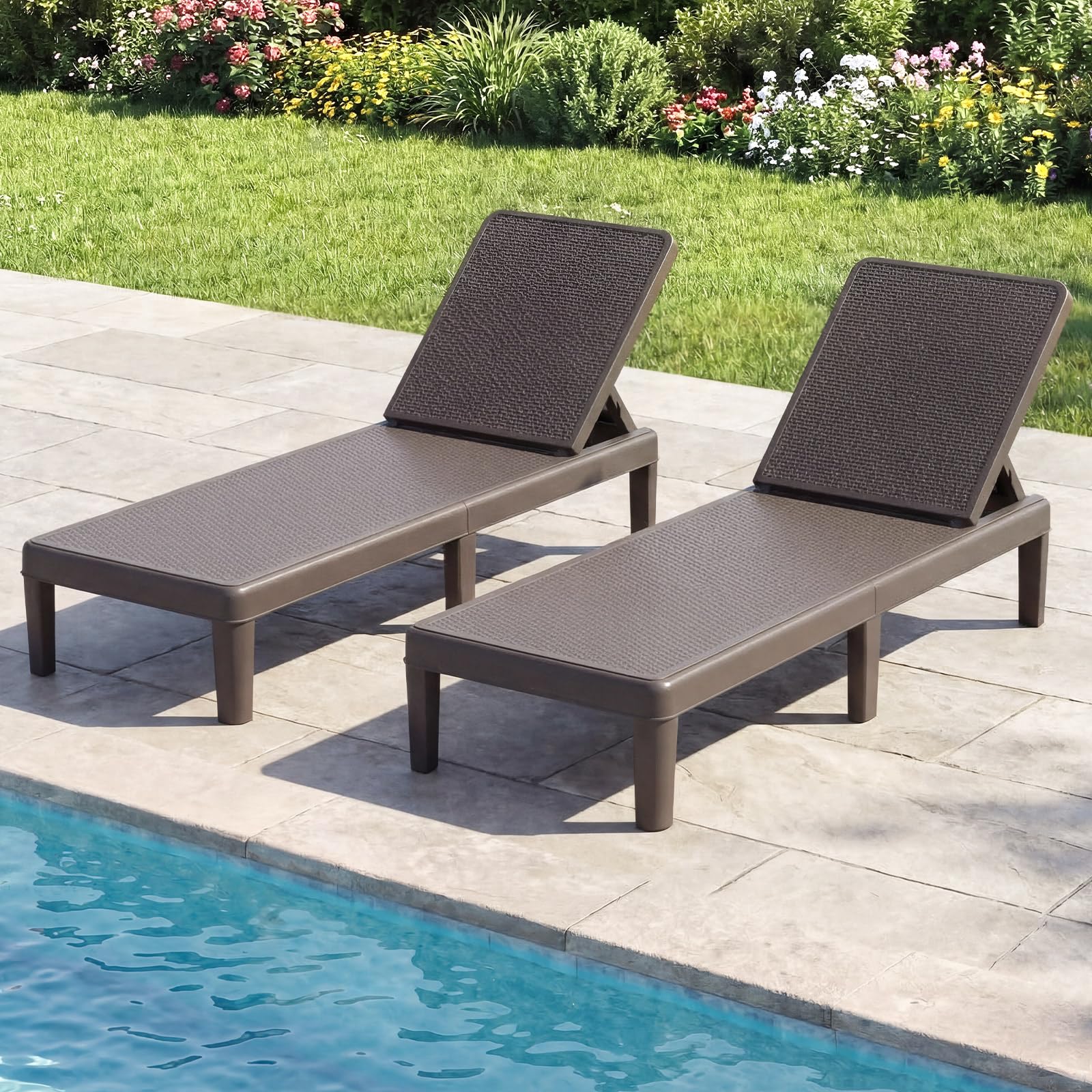 COSTWAY 2pcs Bain de Soleil en PP Effet Rotin, Chaise Longue Jardin Exterieur, Dossier Inclinable à 4 Positions, 6 Pieds, Montage sans Outil, Transat pour Terrasse Balcon Piscine, Charge 150kg(Marron)