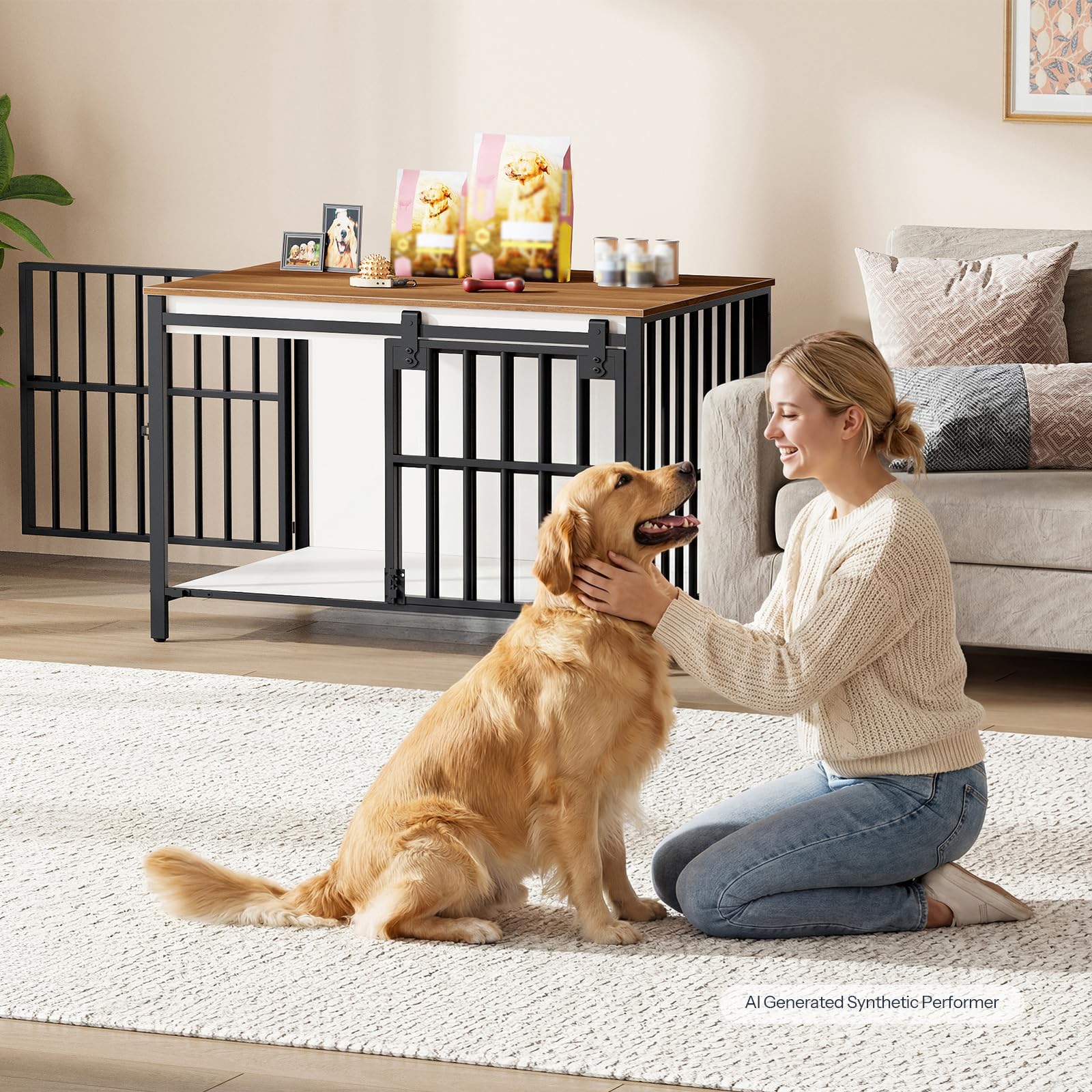 HOOBRO Hundekäfig Möbel, 100cm Hundebox für Zuhause, 2 Türen, Schiebetür, Moderne Hundebox Indoor für kleine bis mittelgroße Hunde, Hundekäfig Hochbelastbar, Weiß und Walnuss EBWH163GW03