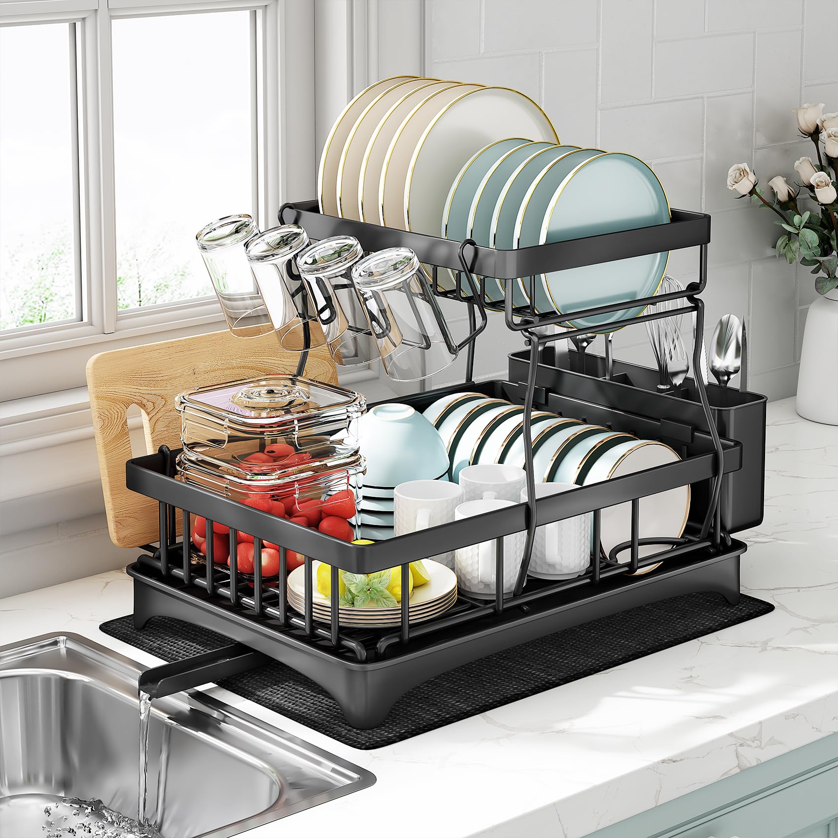 Kitstorack Dish Drainer, 2 Tier Dish Drainer Rack for Kitchen Counter, Stainless Steel Dish Rack with Swivel Drainage Spout, Utensil Holder, Cup Holder, Cutting-Board Holder and Drying Mat