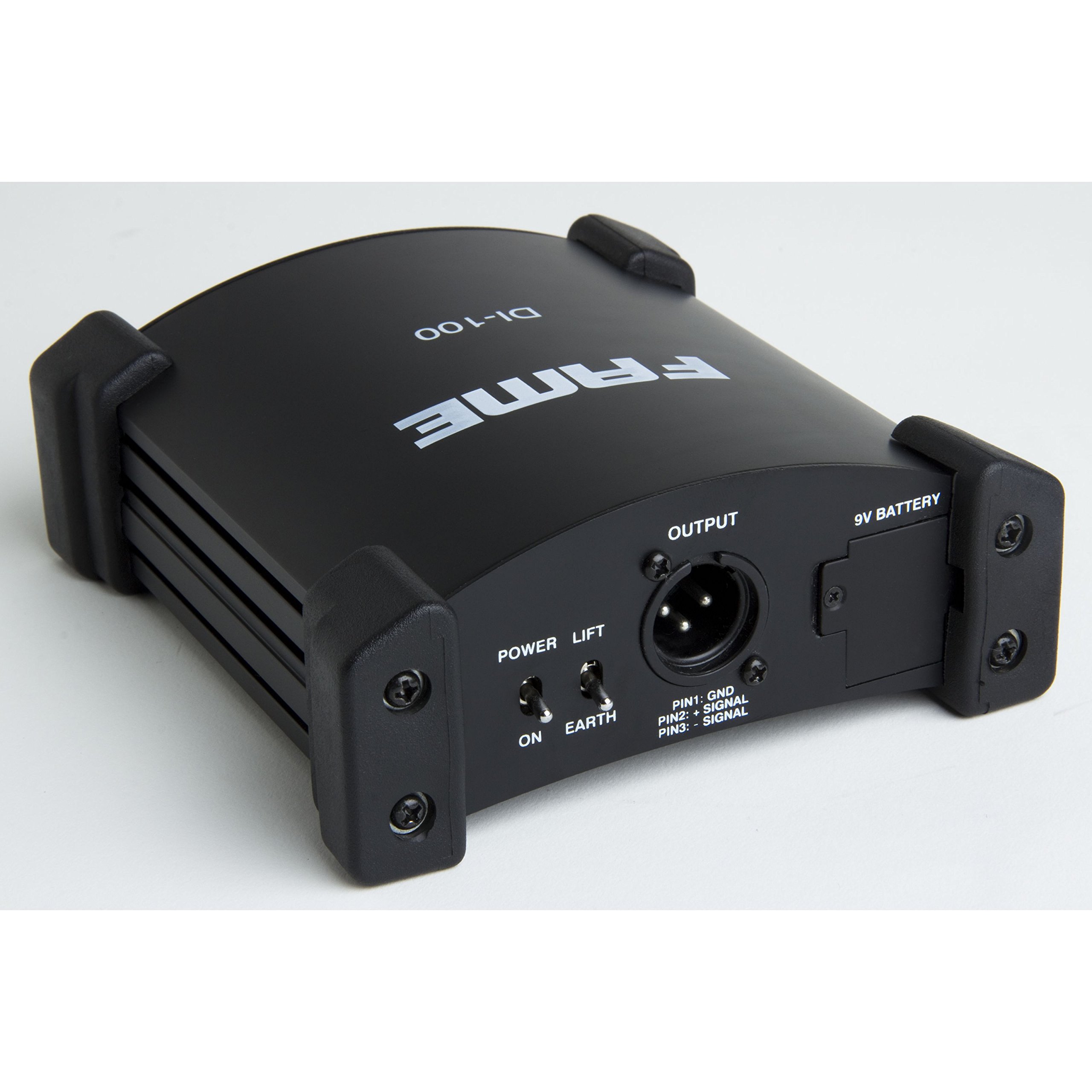 Fame Audio DI-100 Aktive DI-Box, Hochwertige Signalverarbeitung, 6,3 mm Klinken, XLR Input, Link Output, Eingangspegeldämpfung, Symmetrischer XLR Output, Ground-/Liftschaltung, Batterie- oder