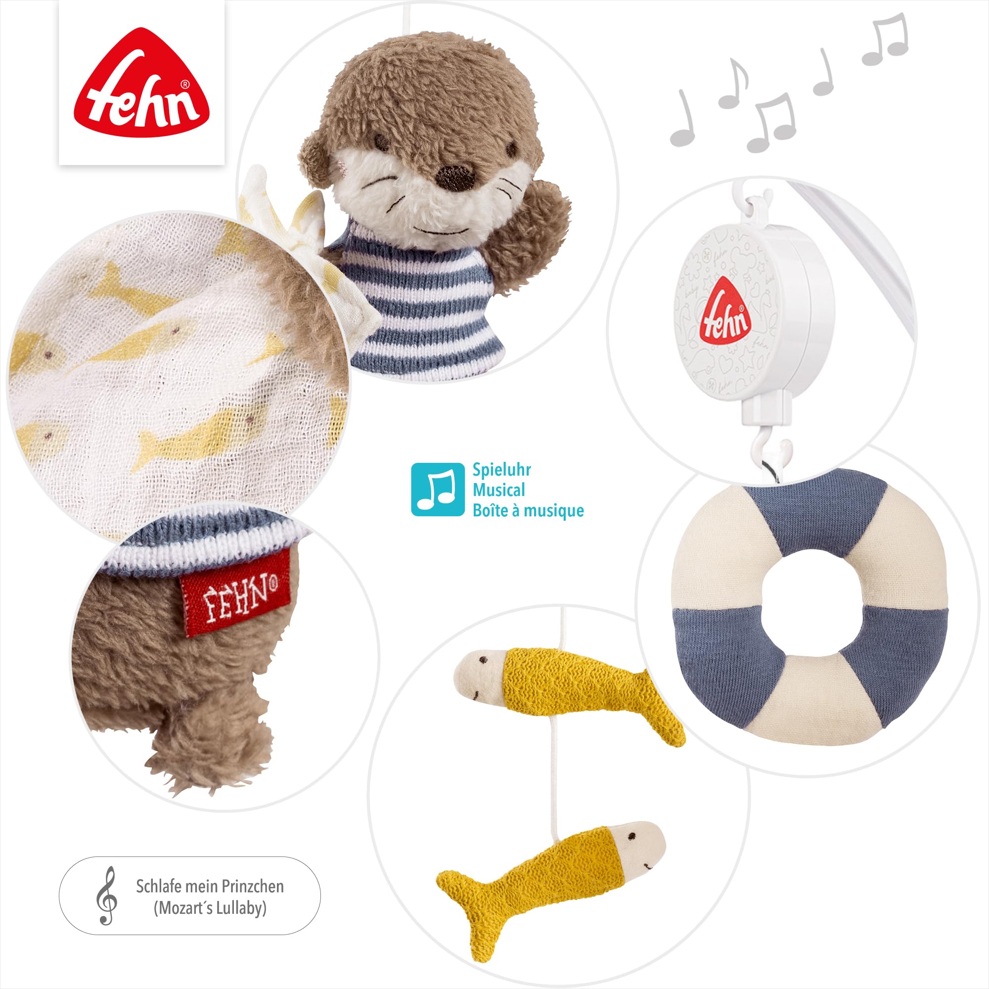 Fehn Musik-Mobile Otter Theo – Aufzieh-Mobile mit Spieluhr-Melodie „Mozarts Wiegenlied“ und Figuren zur Beruhigung & Beschäftigung – Mit Bett-Befestigung für Babys von 0-5 Monaten