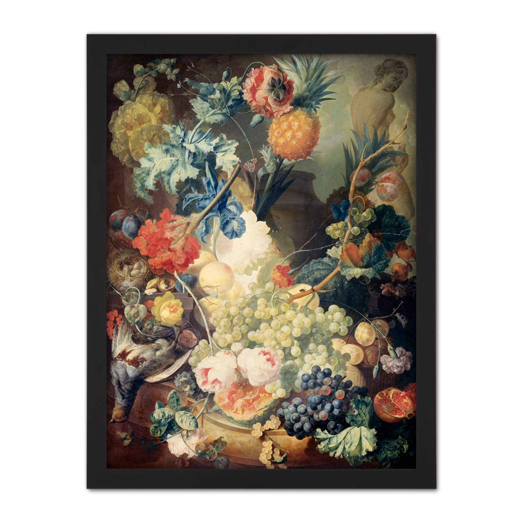 Artery8 Van Os Still Life Flowers Fruits Birds Painting Artwork Framed Wall Art Print 18X24 Inch