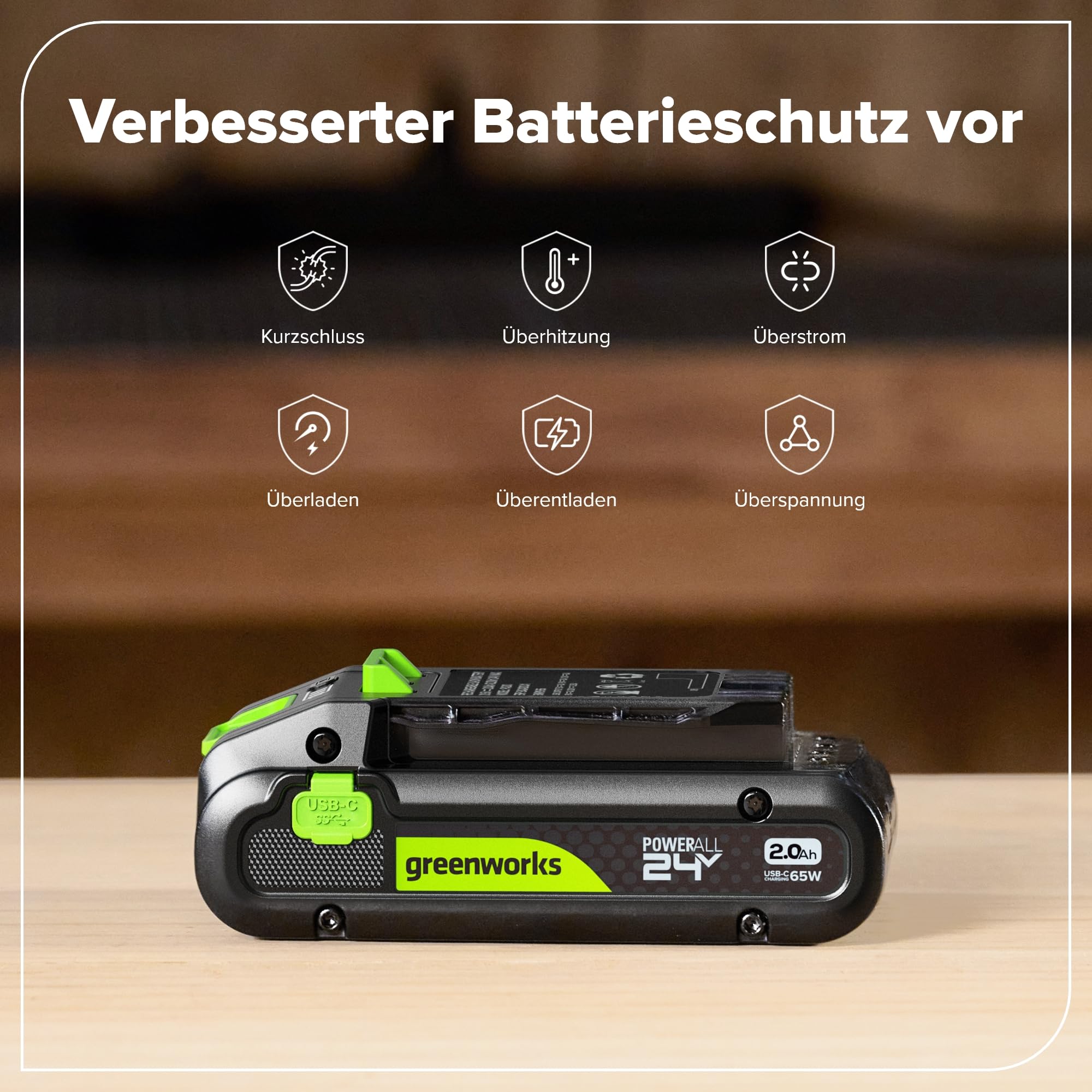 Greenworks TwinPack 24V 2Ah Akku High Power USB-C (Li-Ion 24V 2,0 Ah wiederaufladbarer leistungsstarker Akku passend für alle 200+ Greenworks 24V Geräte), 2 Jahre Garantie - K2D4NNA