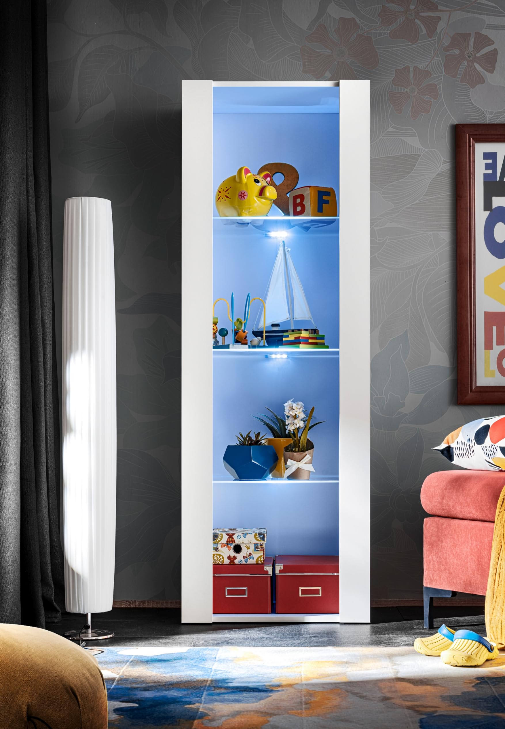 Komodee, Vetrina Tivoli, Bianco, Larghezza 55 cm x Altezza 159 cm x Profondità 35 cm, LED BLU, 3 ripiani, Per soggiorno, Camera da letto, anticamera