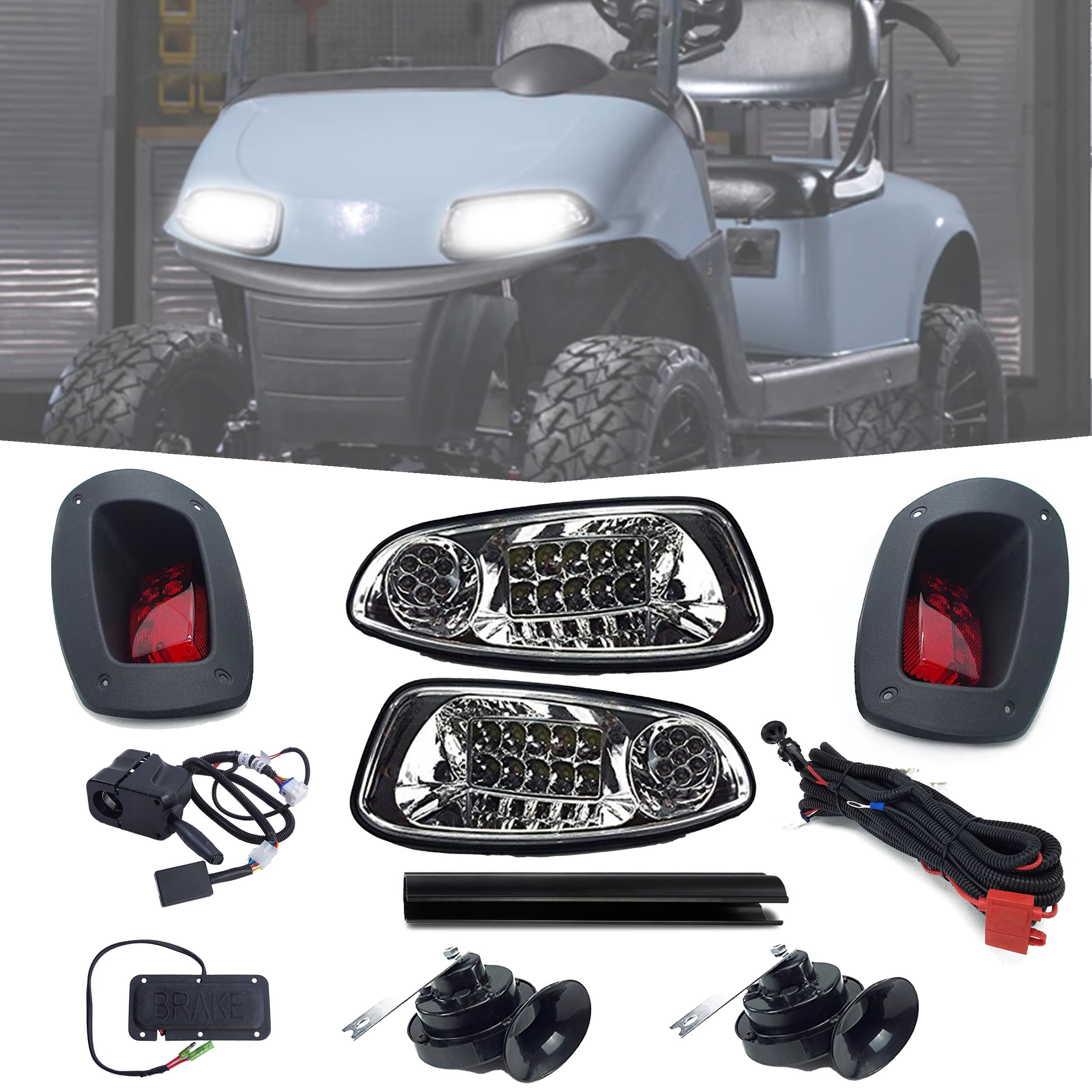 Super Deluxe LED High/Low Beam Light Kit for E-Z-GO RXV 2016+: Street Legal, Includes Headlights, Tail Lights, Turn Signals & More, Easy Install, No Voltage Reducer Needed (12-48V) by Charm&Heritage