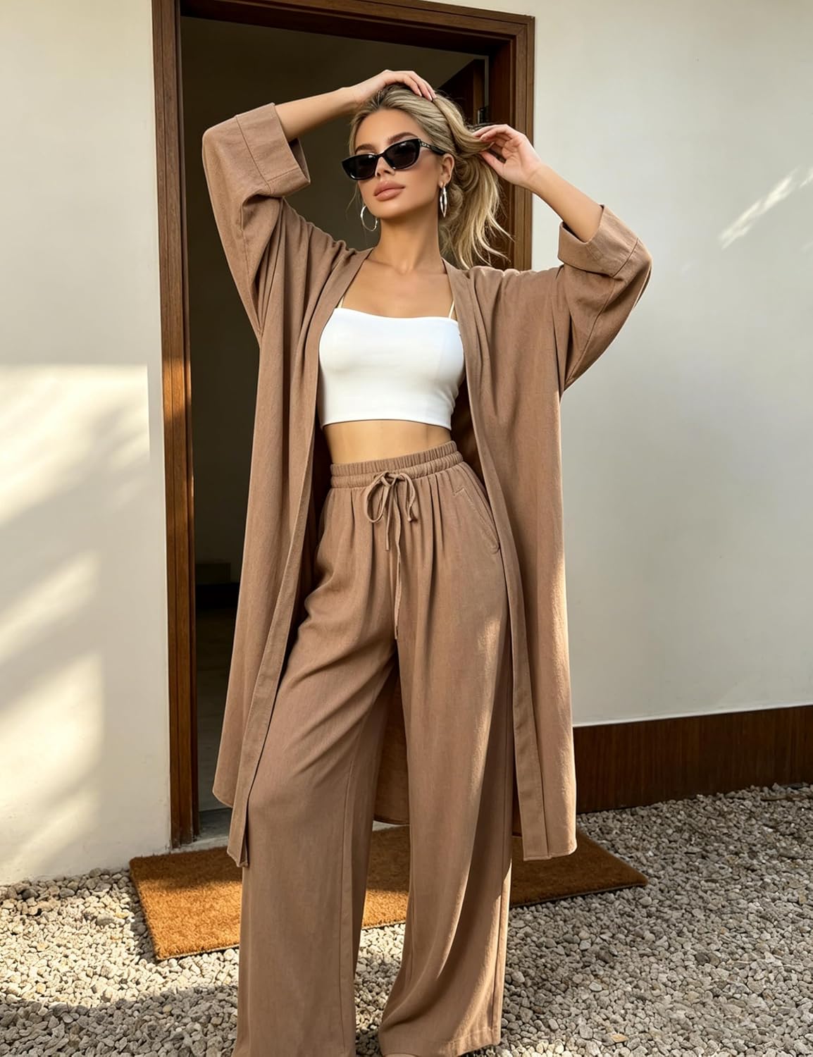 Joyfunear Summer Cute Flowy Cardigan Pants Set Dressy Matching 2 Piece Outfit For Women
