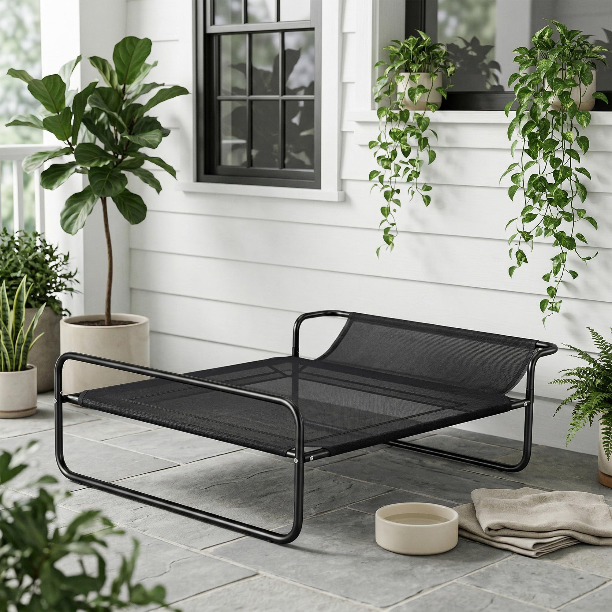 PawHut Cama Elevada para Perros, Refrescante y Transpirable, Cama para Perros Pequeños, 91x69x29 cm, Malla de Textilene, Reposacabezas Inclinado, Marco de Metal, para Interior, Exterior, Negro