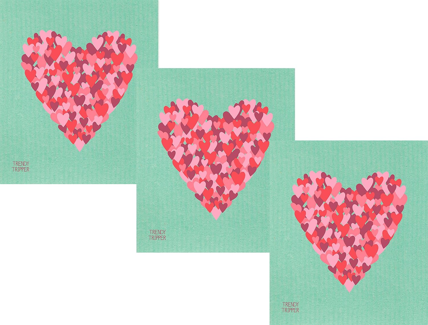 3-Pk EARTH-FRIENDLY European Compostable Sponge Cloths (aka) Swedish Dishcloths - Reusable + Washable | Design by Barbara Newton Smith: LOVELY HEARTS PINKS/REDS ON COLOR CLOTH (3-Pk Heart on Green)
