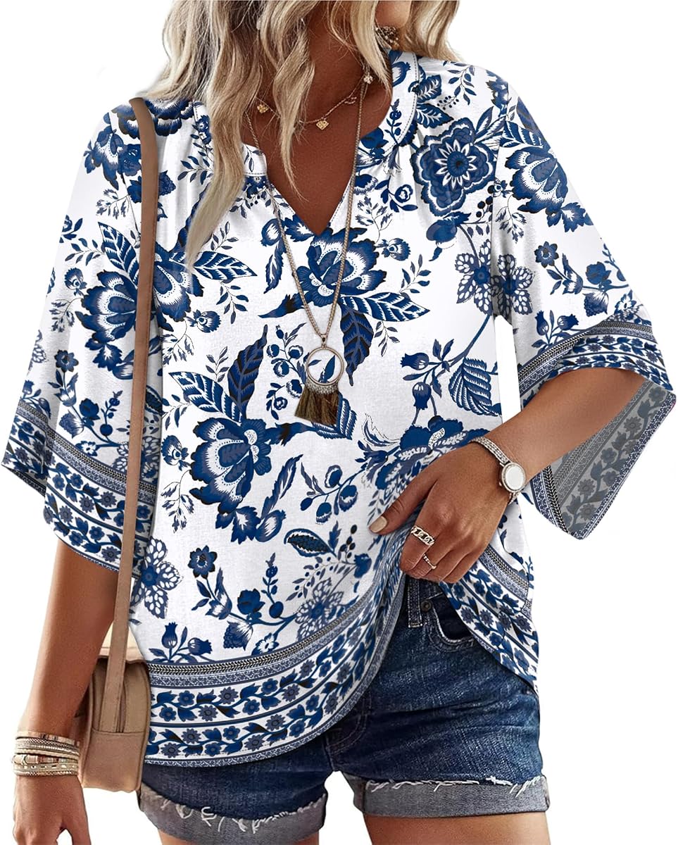 WIHOLL Boho Tops for Women Summer Spring 3/4 Sleeve Dressy Fashion V Neck Casual 2026 Business Beach Plus Size Resort Blouses