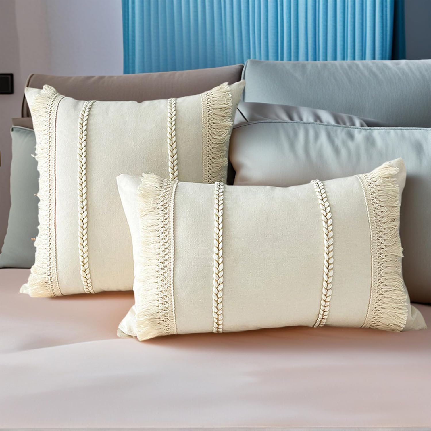 2 Pcs Decorative Boho Throw Pillow Cover, Modern Textured Tufted Pillow Cover Striped for Couch Bed Sofa 18 x 18 Inch Beige