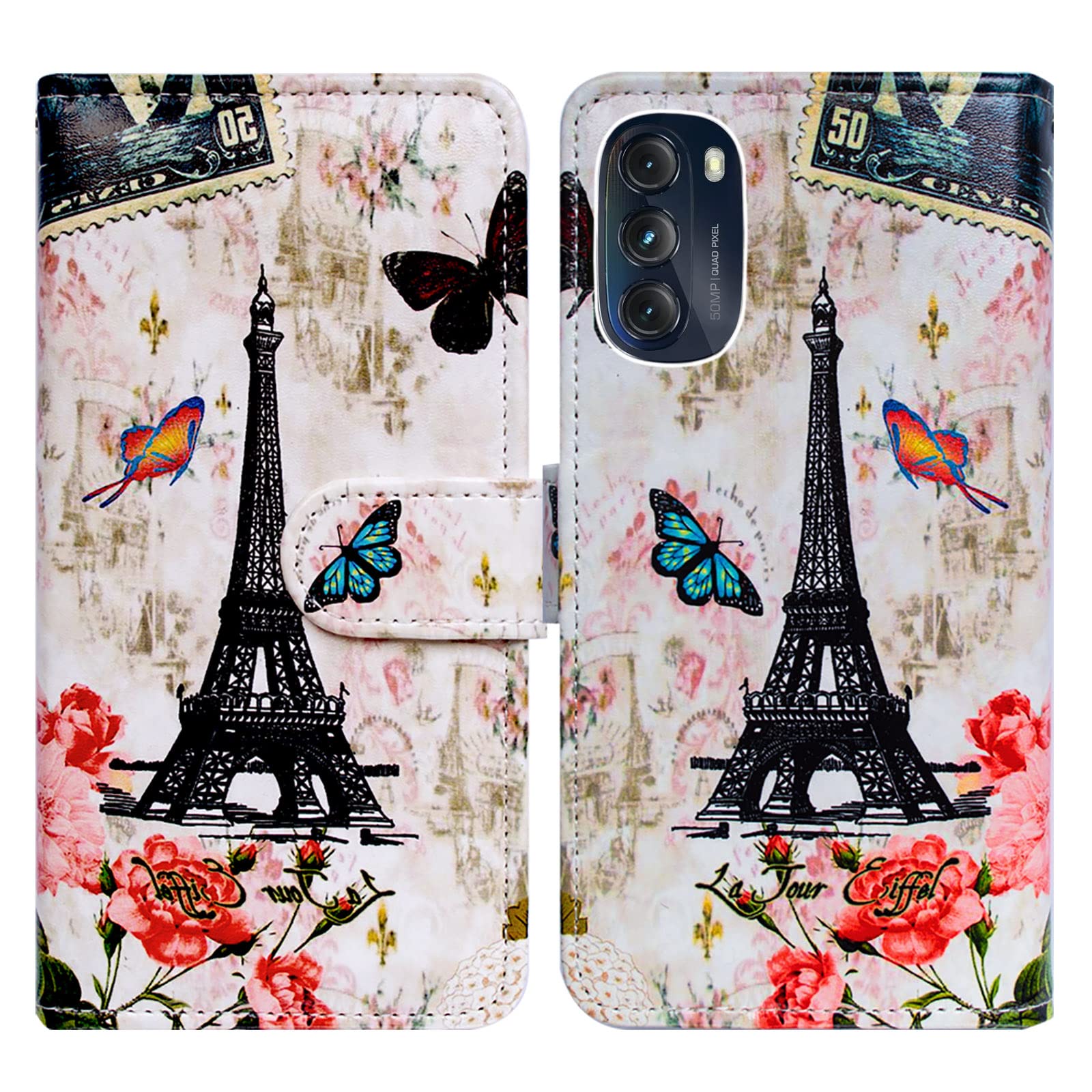 Bcov Case for Moto G 5G 2022, Paris Tower Butterfly Leather Flip Phone Case Wallet Cover with Card Slot Holder Kickstand for Motorola Moto G 5G 2022