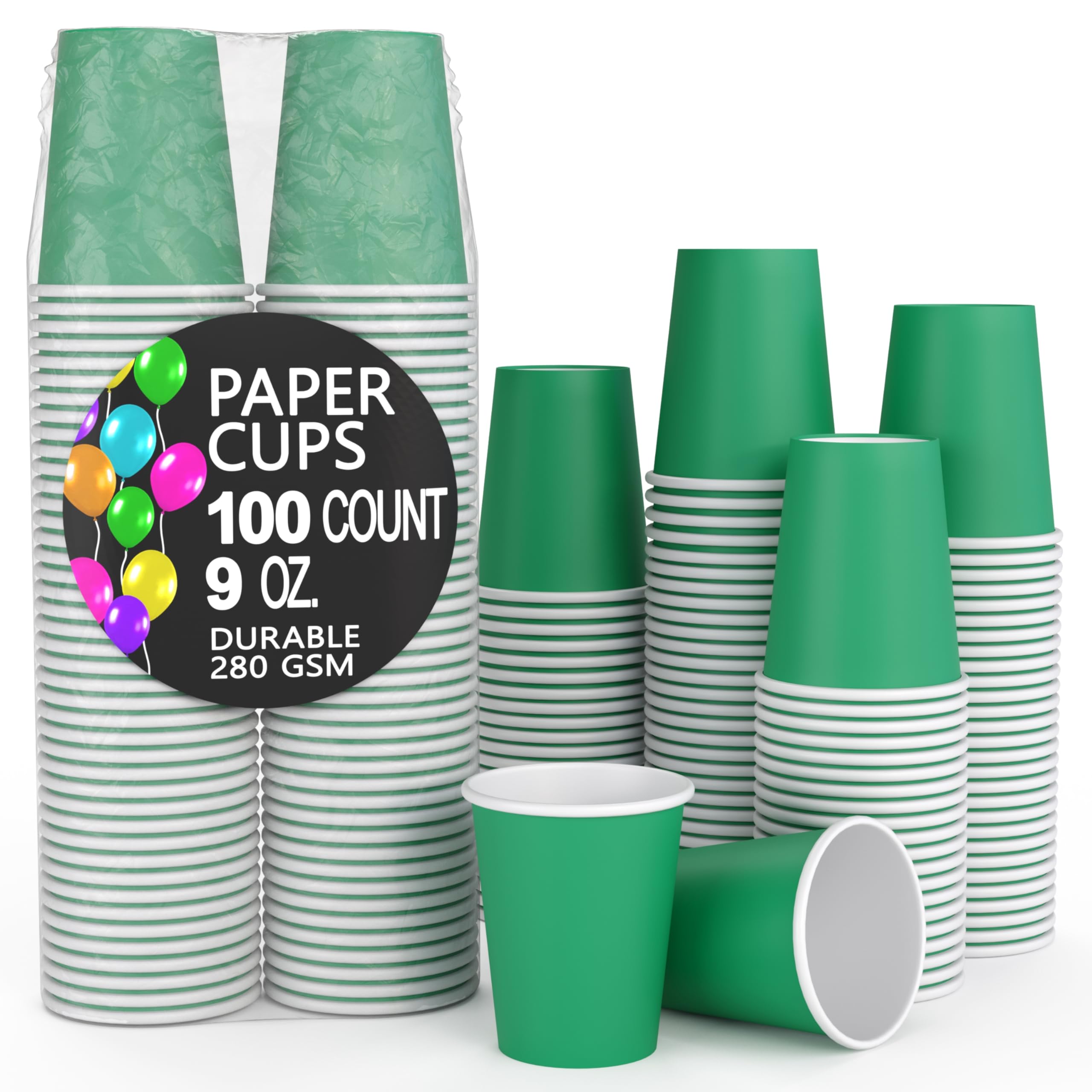 Exquisite Emerald Green Paper Cups - 9 oz Disposable Coffee Cups 100 Paper Cups for Hot Drinks/Cold Cups - Durable Disposable Cups 280 GSM Hot Tea Cups & Coffee Cup To Go - Paper Party Cups