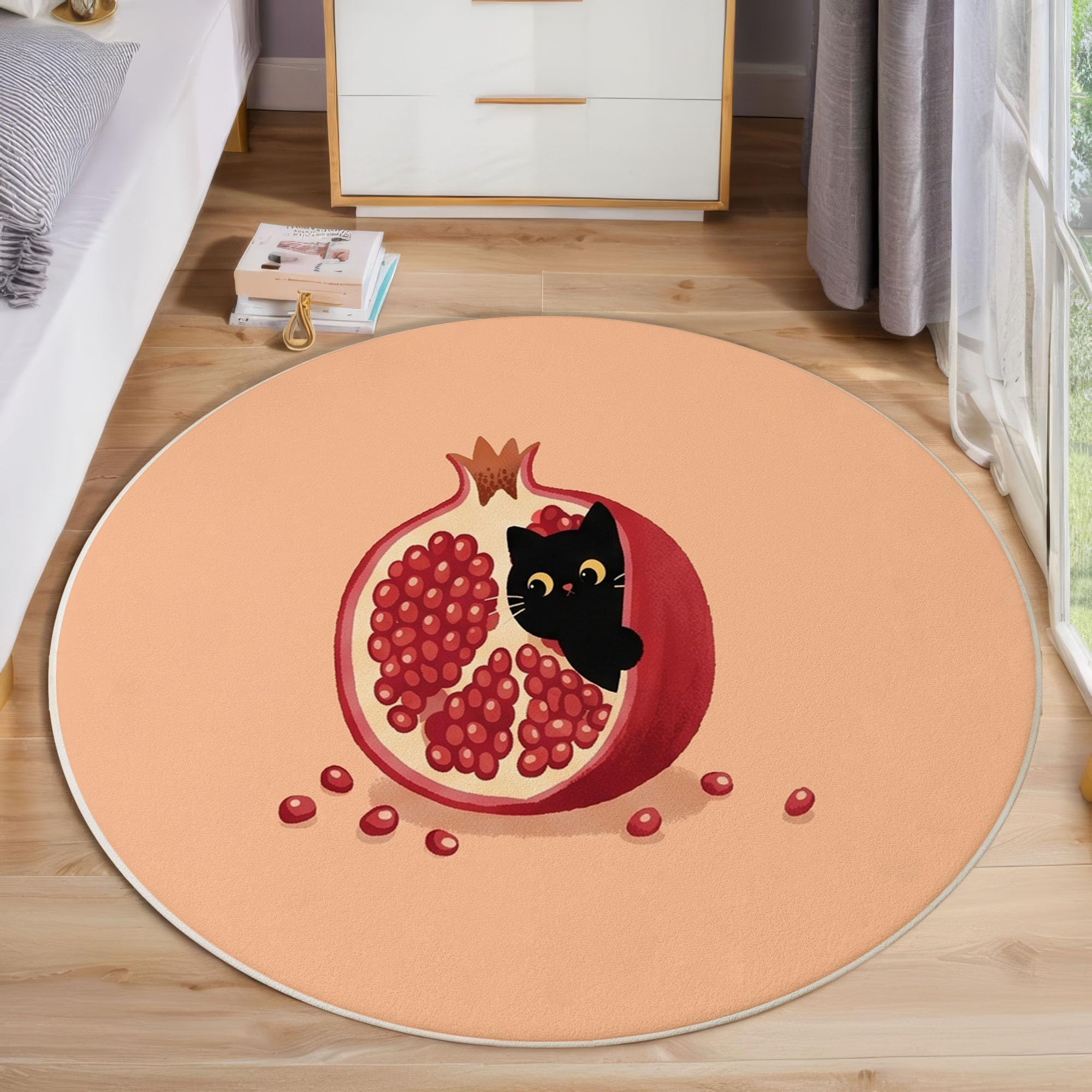 Frischer Obststil Kinderteppich, 160cm Kurzflor Rund Spielmatte Granatapfel Der Schwarzen Katze Runder Teppich rutschfest, Waschbare Spielmatte Deko-Akzent für Kinderzimmer & Leseecke
