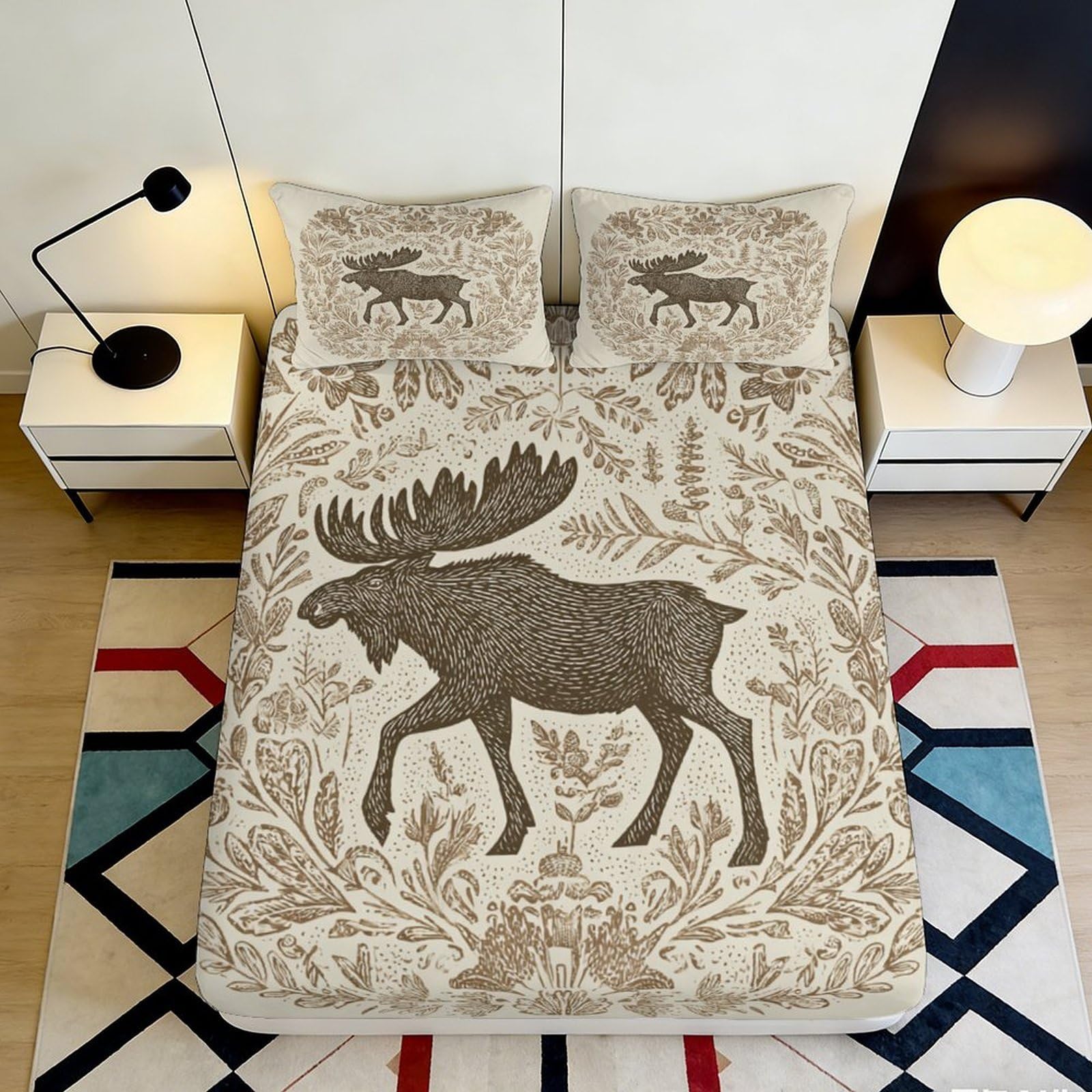 3D Printed Moose Forest Fitted Sheet Microfiber Anti-Slip Mattress Cover for Bedroom Guest Room Machine Washable 140x200x25cm