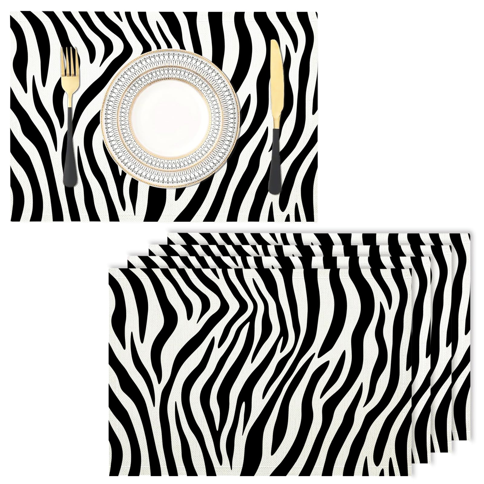 line Cotton Linen Placemats - Set of 4 zebra Table Mats for Dining Kitchen Housewarming Wedding Thanksgiving