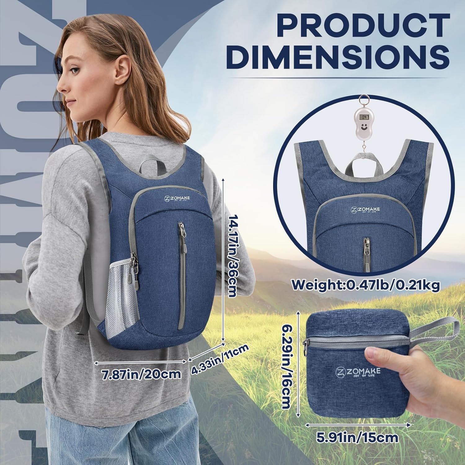 ZOMAKE 10L Ultra Lightweight Packable Backpack, Small Daypack Light Foldable Backpacks Water Resistant Day Bag for Hiking(Navy Blue) - Image 2