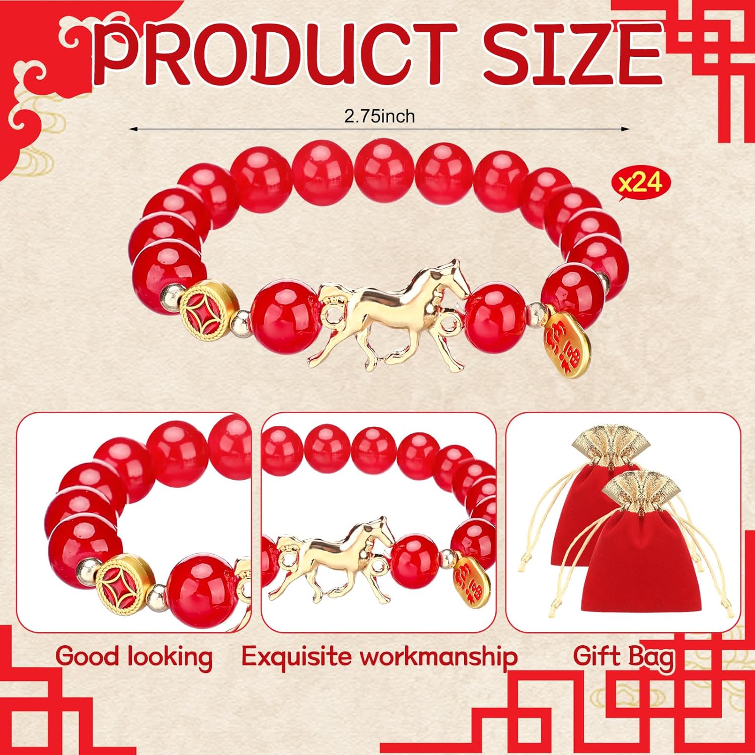 Landical 12Set 2026 Chinese New Year of Horse Beaded Charm Bracelets Kit 12 Adjustable Red String Bracelet and 12 Blessing Bags Lucky Chinese Zodiac Animal Jewelry Gifts for Women Men - Image 3