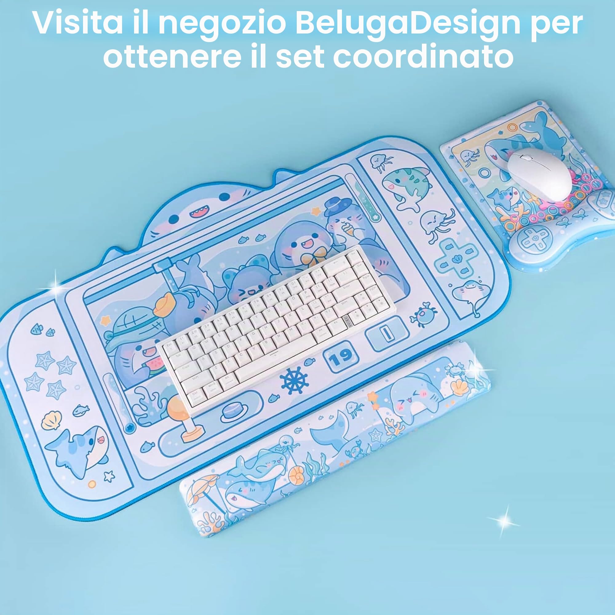 BelugaDesign Tappetino da scrivania con squalo, grande tappetino per mouse color pastello | Cutecore Ocean Switch Anime Keyboard Gaming | Lavabile in lavatrice antiscivolo da scrivania per bambini