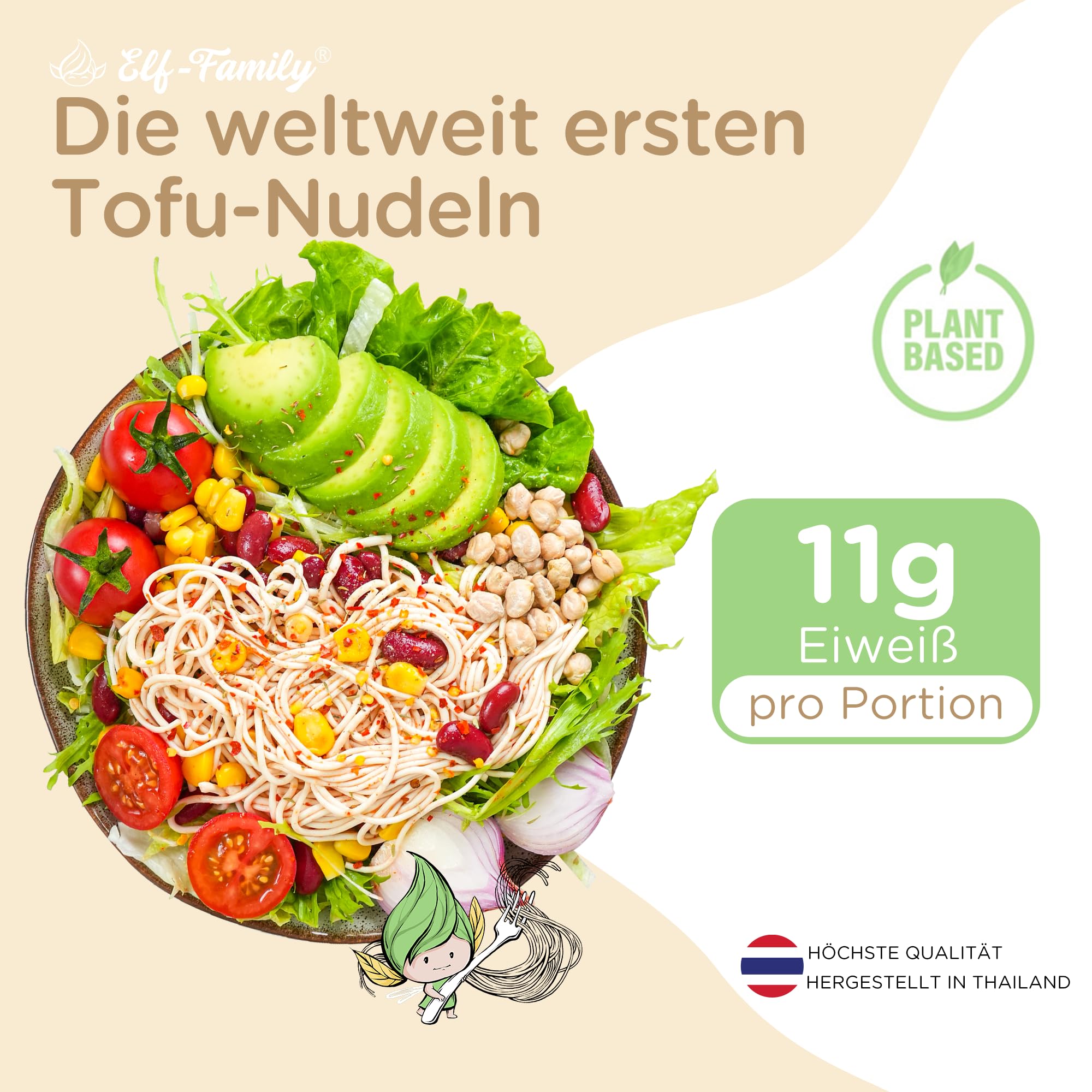 Elf-Family Fideos de tofu - (300 g × 6er) Fideos Instantáneos de Alta Proteína, Menos Carbohidratos, Baja en Carbohidratos, Vegana, Preparación Rápida, Auténtica de Tailandia, Baja Grasa y Sin