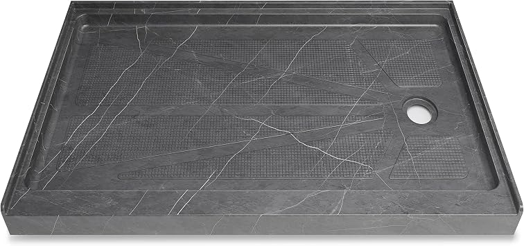 CKB Shower Base 60 in x 36 in Alcove with Right Drain, Gray Marble Look Acrylic Fiberglass Shower Pan, Low Profile Threshold, Slip Resistant, Waterproof