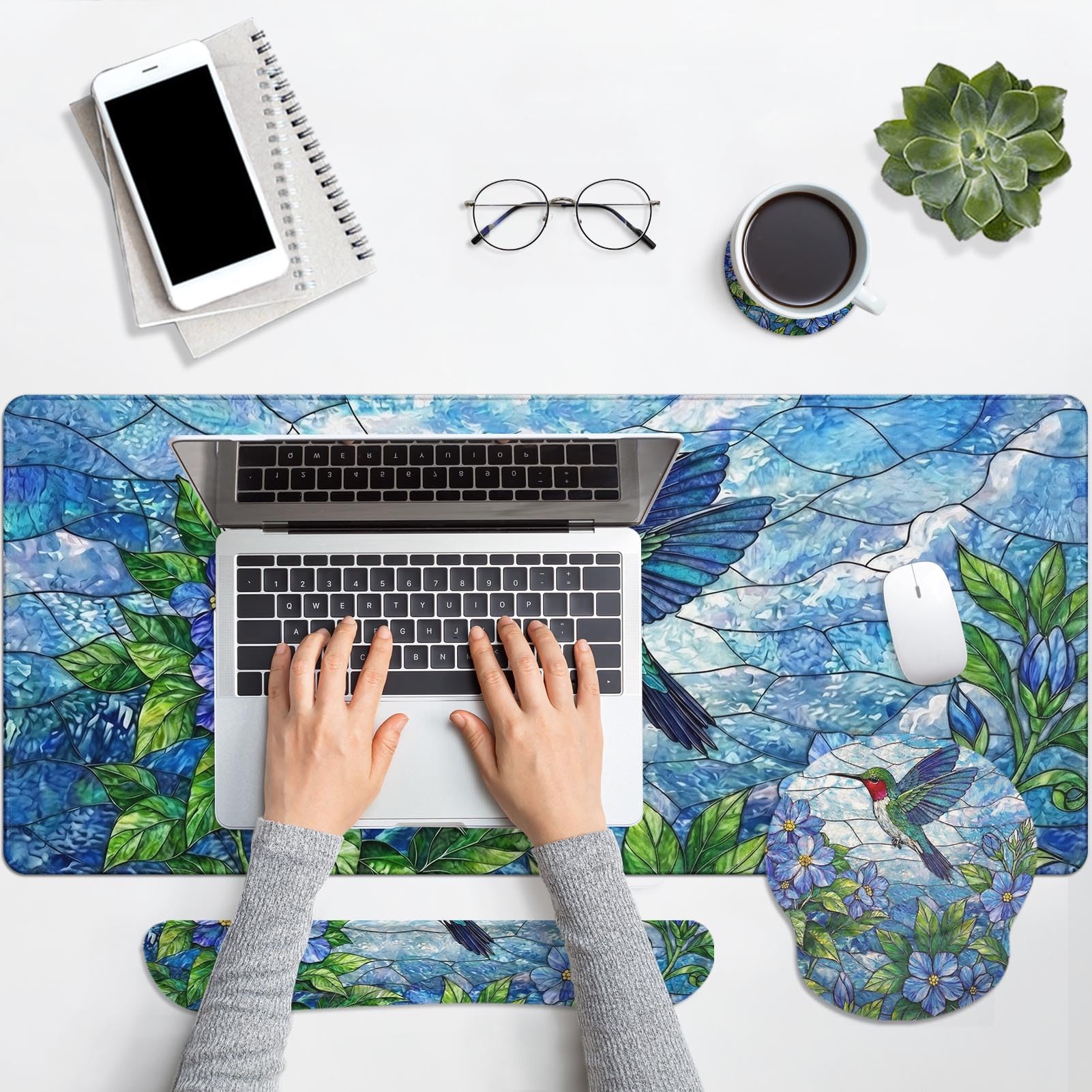 Britimes Set di tappetini per mouse con motivo floreale con colibrì botanico blu natura 4 in 1 grande tappetino per mouse + poggiapolsi + poggiapolsi + sottobicchiere design ergonomico per computer di