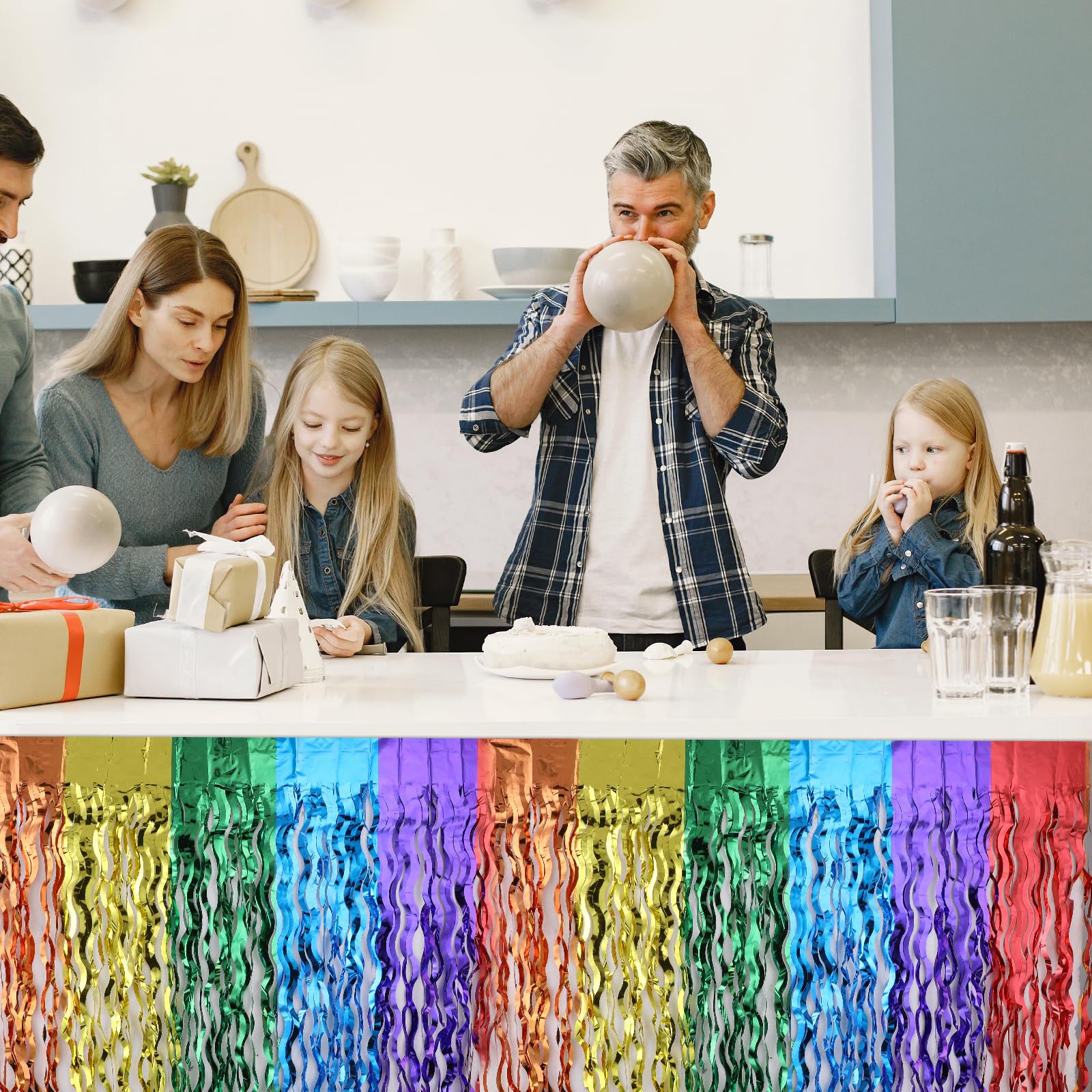 2 Pack Rainbow Party Decorations Wavy Rainbow Table Skirts Fiesta Party Decorations Rainbow Tablecloth Mexican Theme Party Decorations Rainbow Decorations Rainbow Metallic Foil Tinsel Table Skirts - Image 2