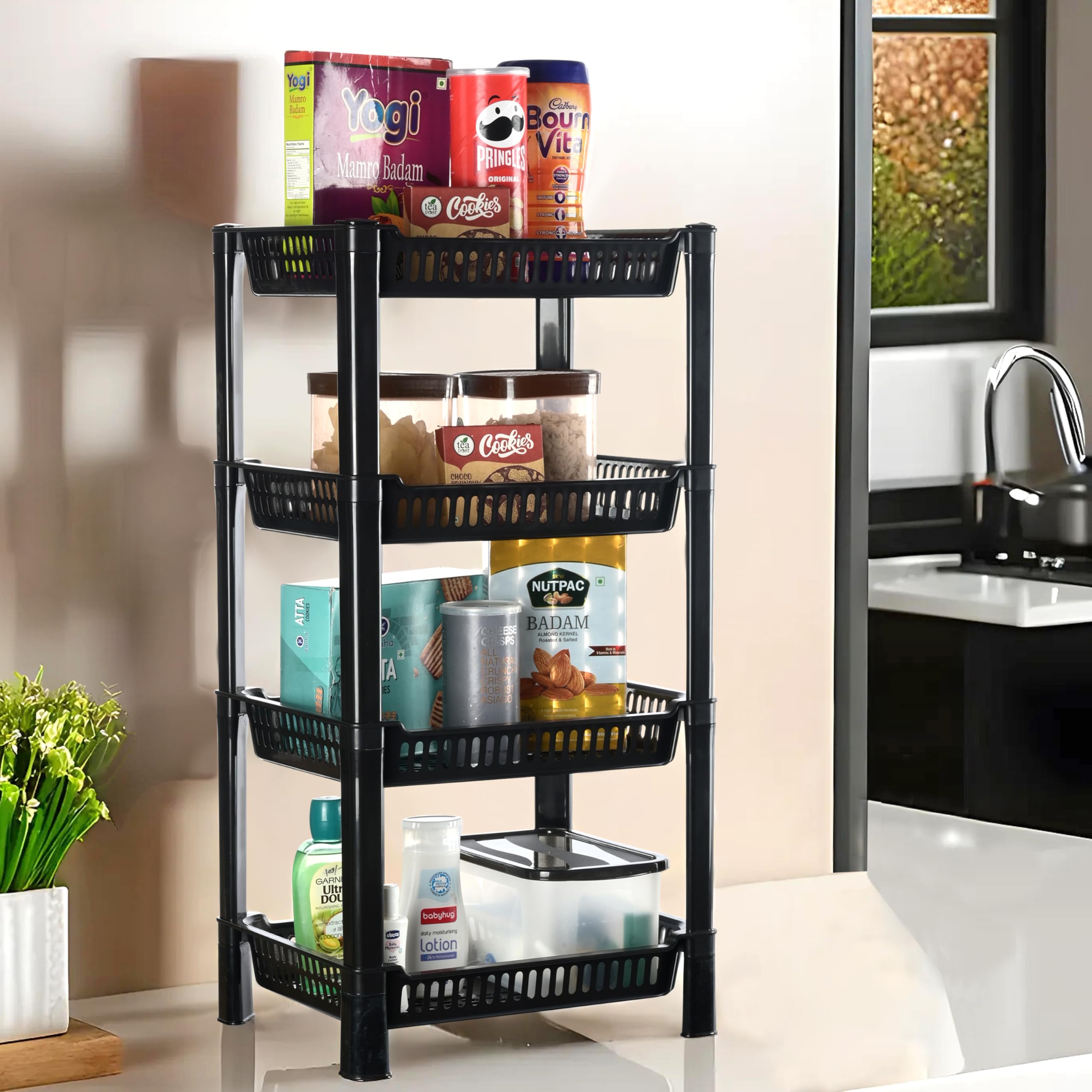 Kuber Industries 4-Layer Multipurpose Kitchen Organizer/Storage Rack | Onion Stand For Kitchen | Vessels & Vegetable Organiser | Black
