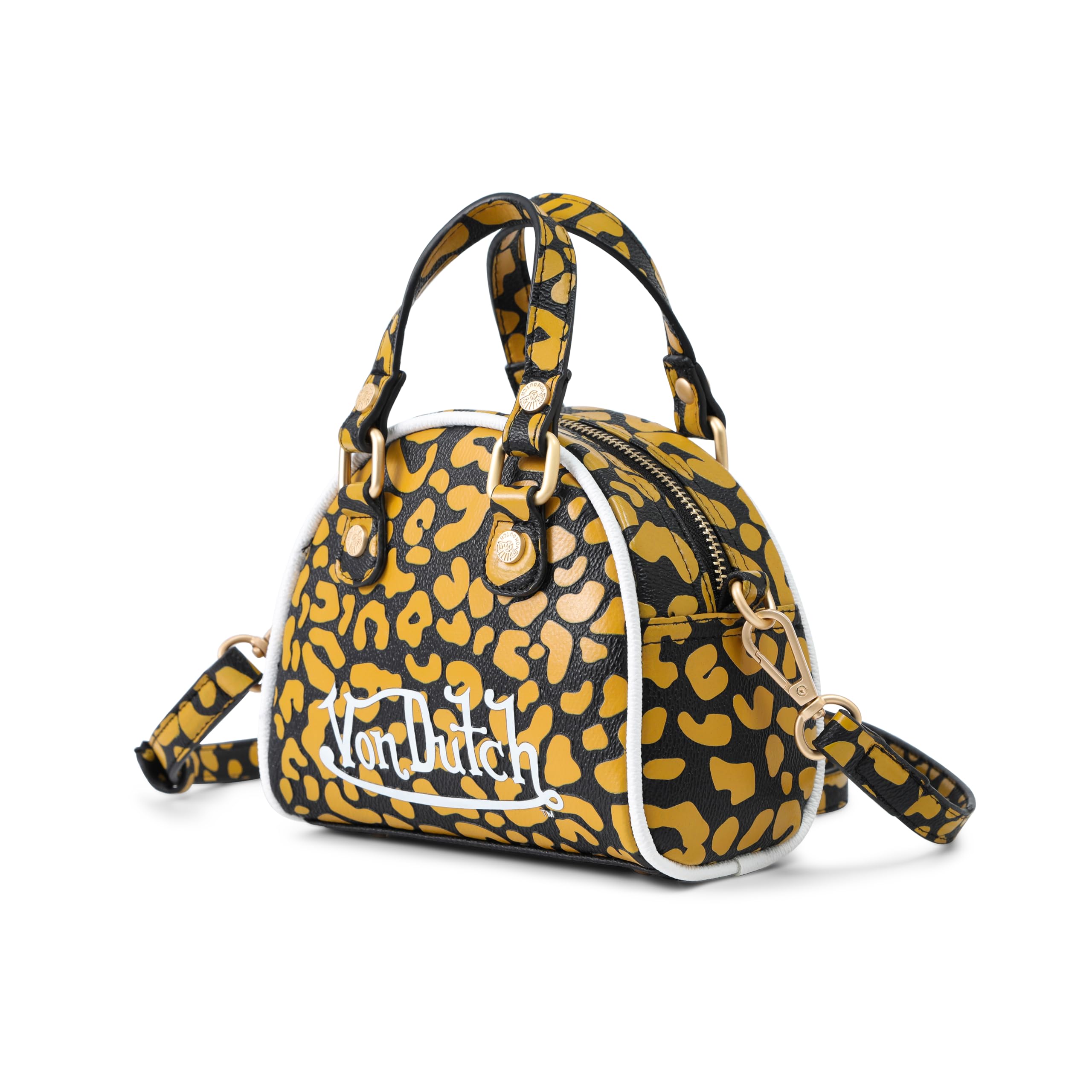 Von Dutch Mini Bowling Bag Cheetah Print | 6.8” Vegan Leather Crossbody with Logo Hardware, Top Handles & Zipper Pouch, Cheetah Grey