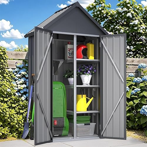 AECOJOY Armario de almacenamiento para exteriores impermeable, armario vertical alto con estantes y puerta doble, cobertizos de herramientas de
