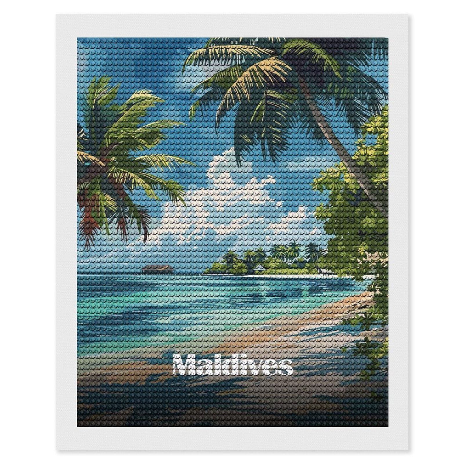 Junmoney Maldives Tropical Beach Paradise Full Drill Diamond Painting Kit 16"x20", Sparkling Round Gems, Decorate Your Room, Mindful Craft Activity