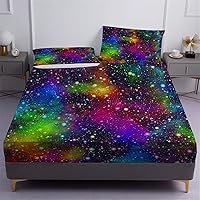 Vista 13 de Juego de sábanas bajeras de galaxia para niñas y niños, 2 piezas, 1 sábana de bolsillo profundo con 1 funda de almohada de microfibra sin arrugas