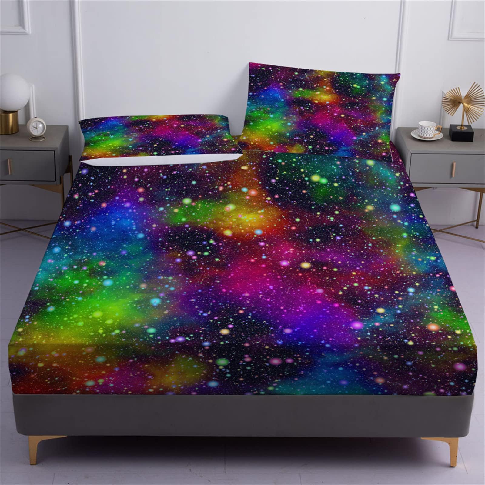 Colorful Galaxy Fitted Sheet Set Rainbow Space Bed Sheets Bedding Set for Girls Queen 3PCS 1 Deep Pocket Sheet with 2 Pillowcases Wrinkle Free (16,Queen)