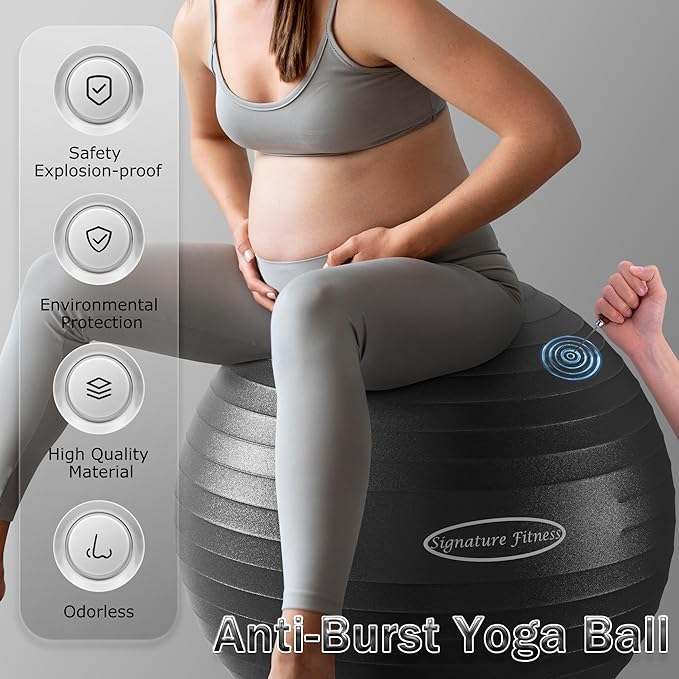 The package includes a quick pump, which simplifies the initial setup and allows for easy adjustments in inflation levels as needed. This feature ensures that the ball can be conveniently inflated or deflated, maintaining its firmness over time. Whether for building core strength, improving balance, or aiding labor positions, the BalanceFrom Exercise Ball offers a robust and versatile solution for both home and gym environments.