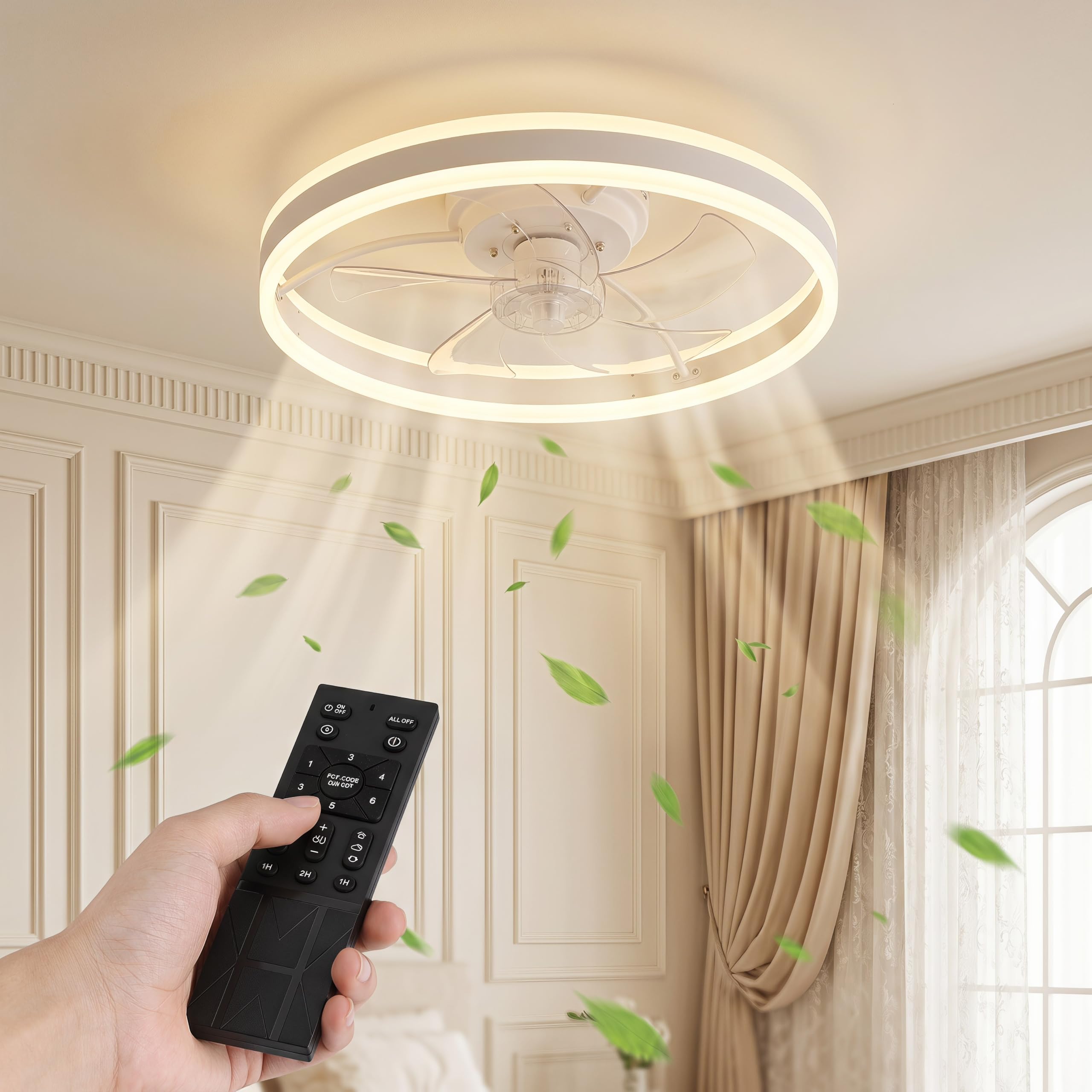 50CM Ceiling Fan with Lights, Remote Control & APP, 60W Smart Dimmable LED 3 COLOR Ceiling Fans Light, 6 Speeds & Timer Quiet Modern Fan Lamp for Living Room,Bedroom,Kitchen (White, Round 50CM)