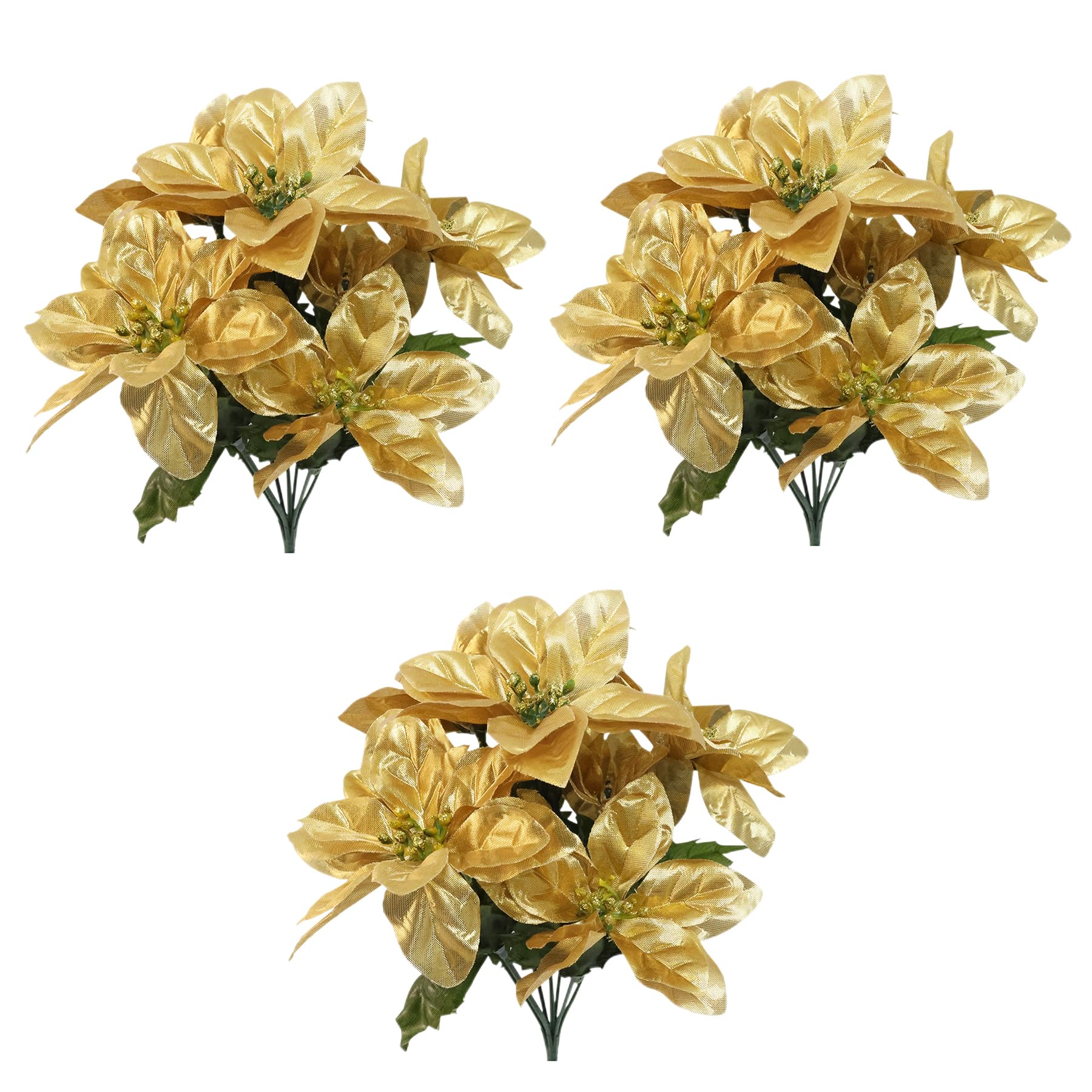 Poinsettia Artificial Flowers 7 Heads Artificial Poinsettia Bushes Fake Flowers Artificial Christmas Flower Silk Poinsettia Arrangement for Christmas Tree New Year Holiday Decoration (Gold, 3 PCS)