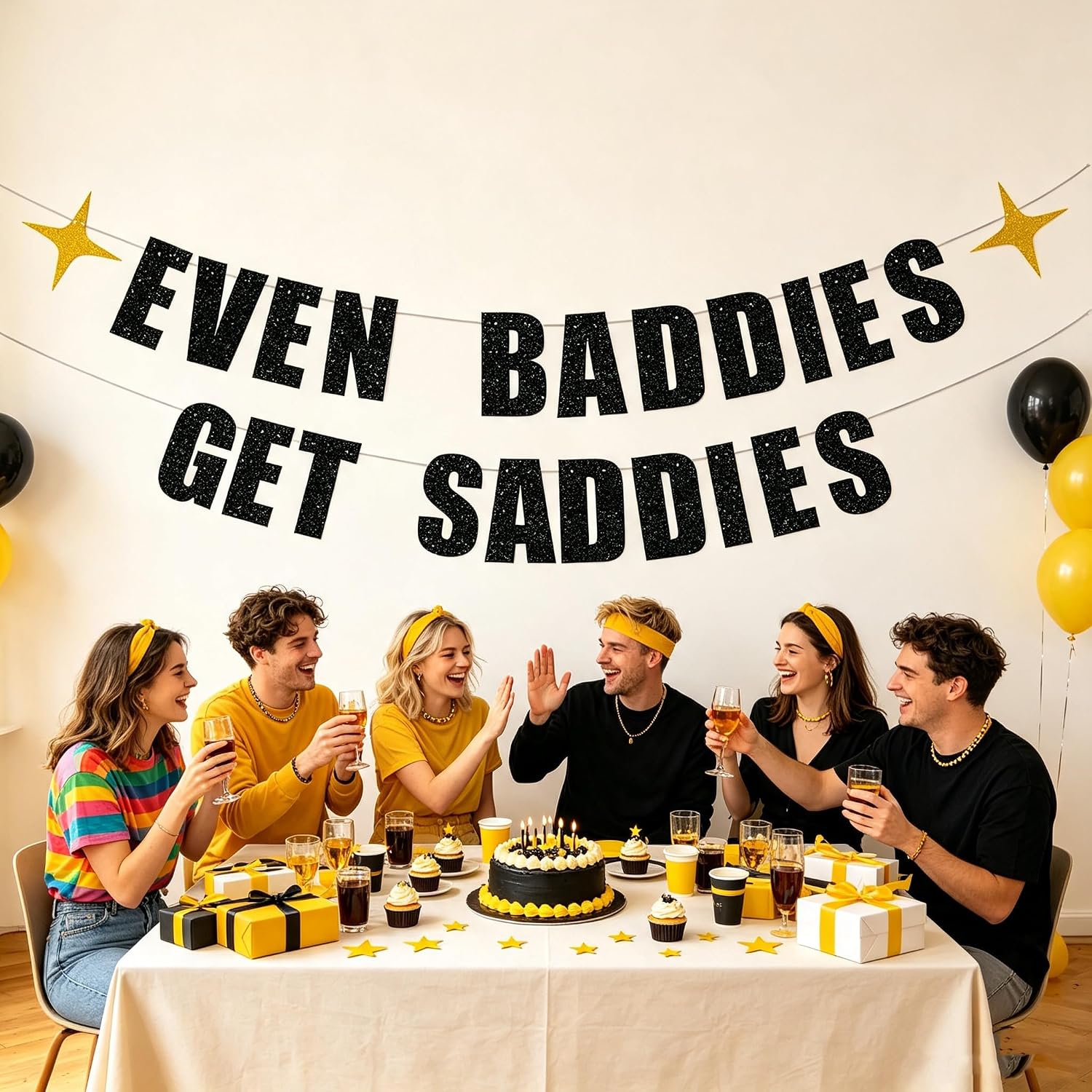 Funny Bachelorette Party Decor, Black Glitter Banner - Even Baddies Get Saddies, Mental Health Party Supplies for Women image 5