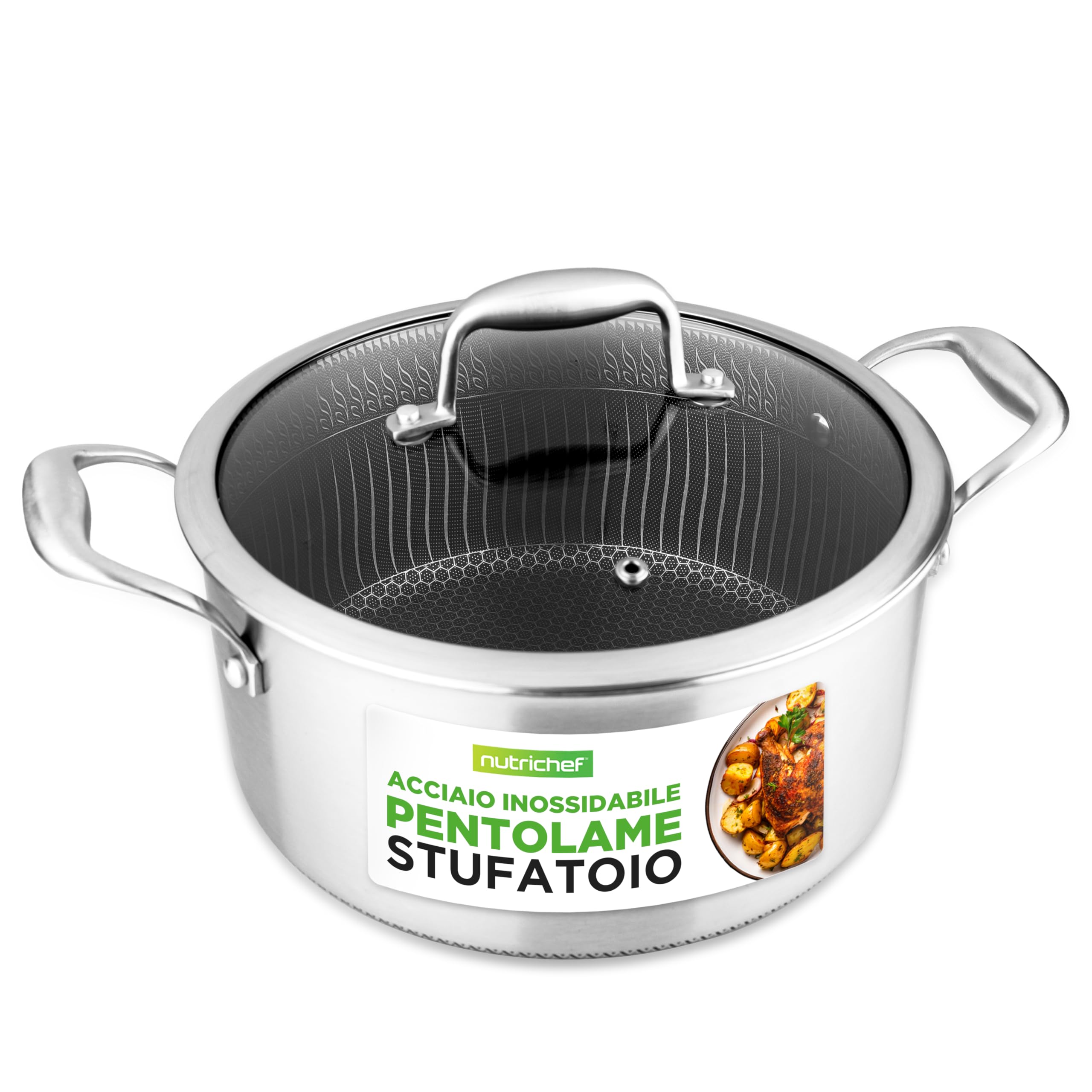 Pentola A Induzione In Acciaio Inox 28 Cm Con Coperchio In Vetro – Rivestimento Antiaderente A Nido D'Ape, Antigraffio - 4