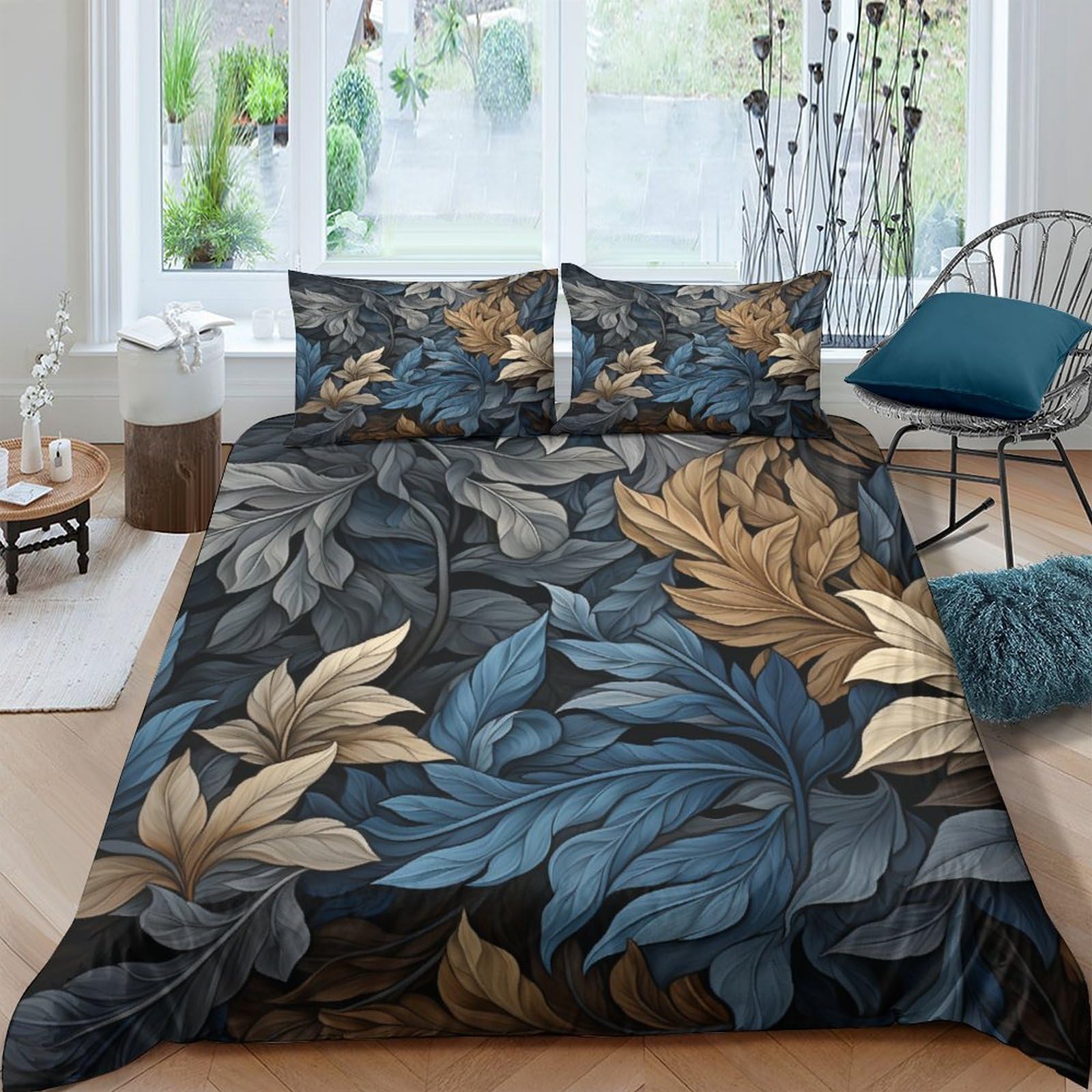 Parure de lit housse de couette imprimé plumes gris bleu pour lit adulte enfant