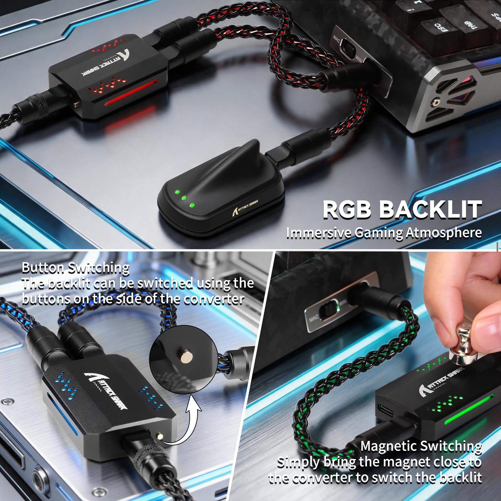 ATTACK SHARK C07 8KHz Kabel Type-C 2 w 1 do Gaming Klawiatur/Myszy-Czarny | 12 RGB Backlit, Podwójny port USB-C, Oplot z Miedzi Monokrystalicznej, Aluminium CNC 6063, dla PC/MacBook/Graczy, 5,12'