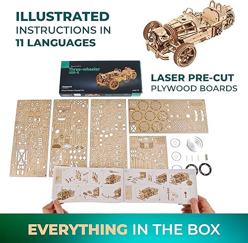 Miniatura 8 de Ugears UGR-S de tres ruedas - Kit de modelo de motocicleta de madera - Rompecabezas 3D para adultos - Kits de modelos de madera para construir - Kit